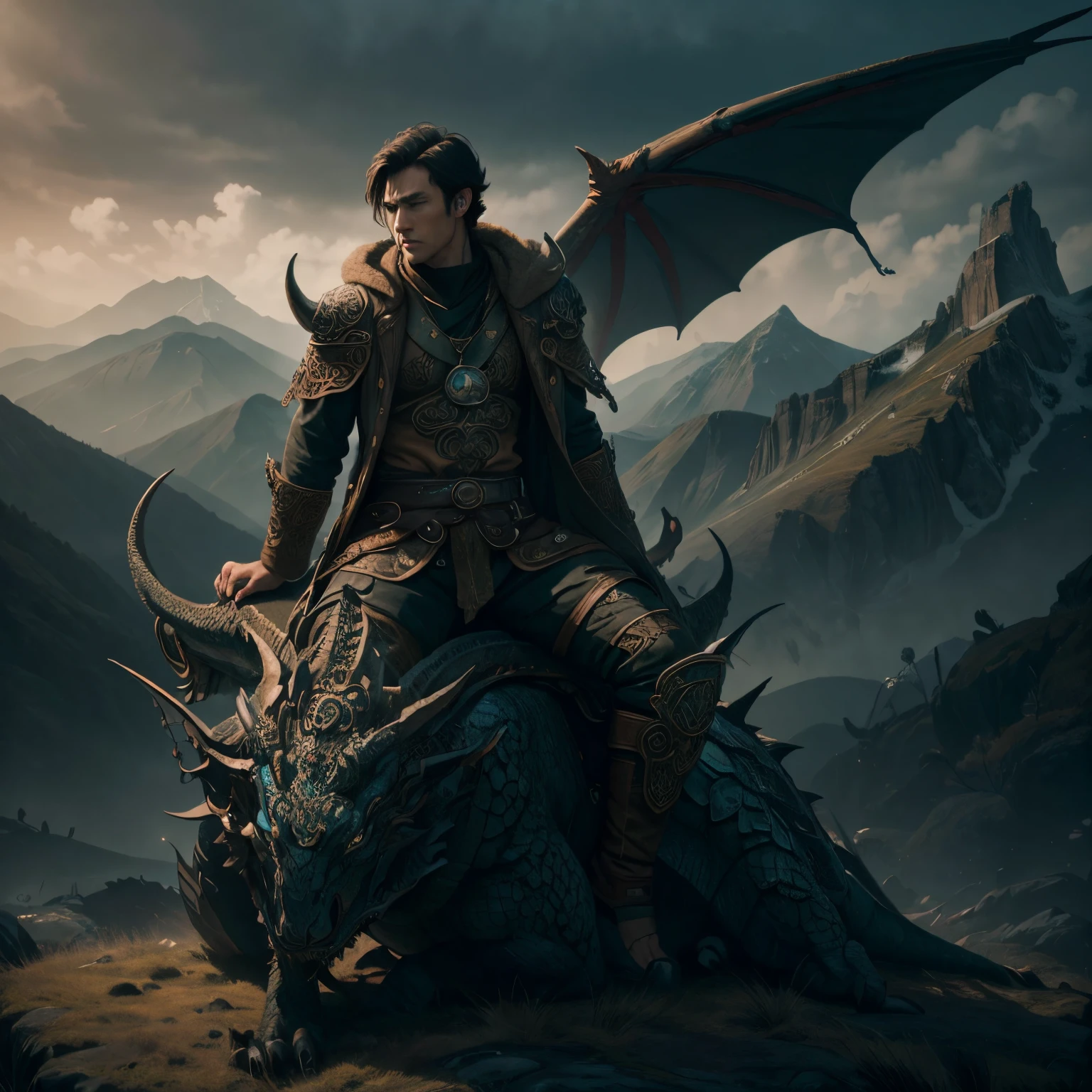 Model DreamShaper ,CeltPunkAI , Brutal man ((solo)) with short black hair , wearing a beige coat , sitting astride a blue dragon ! the dragon stands against the backdrop of the morning mountainous terrain , Its four legs and tail are visible ! Front light ,Detail, coloration, beutiful, HDR, Photorealistic, hight resolution, ultra_ah high_nothing, Cinematographer, aesthetic, extremely_tender, hight resolution, 16k, ..Raw, Ultra Hainada, ultra details, Подробнее Fвos,