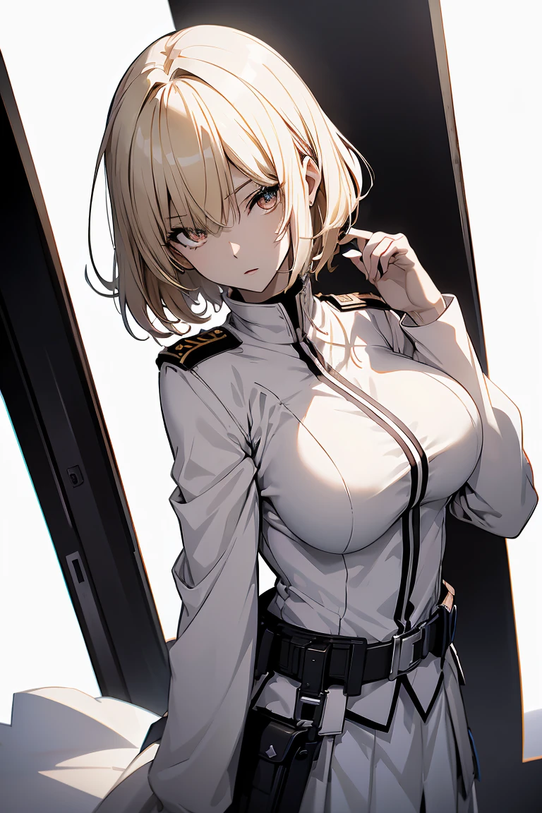 (Super Sexy Pose:1.2), 1 girl in, Full body, White one-piece military uniform, (masutepiece:1.2, Best Quality), (finely detailed beautiful eye: 1.2), (beautifull detailed face), High contrast, (Best Illumination, extremely delicate and beautiful), ((Cinematic Light)), Dramatic light, dark orange eyes, flat chest, Belt under breast, White military uniform, White skirt,blonde hair, Black tie, (Pale white background:1.5), Wolf cut hair,