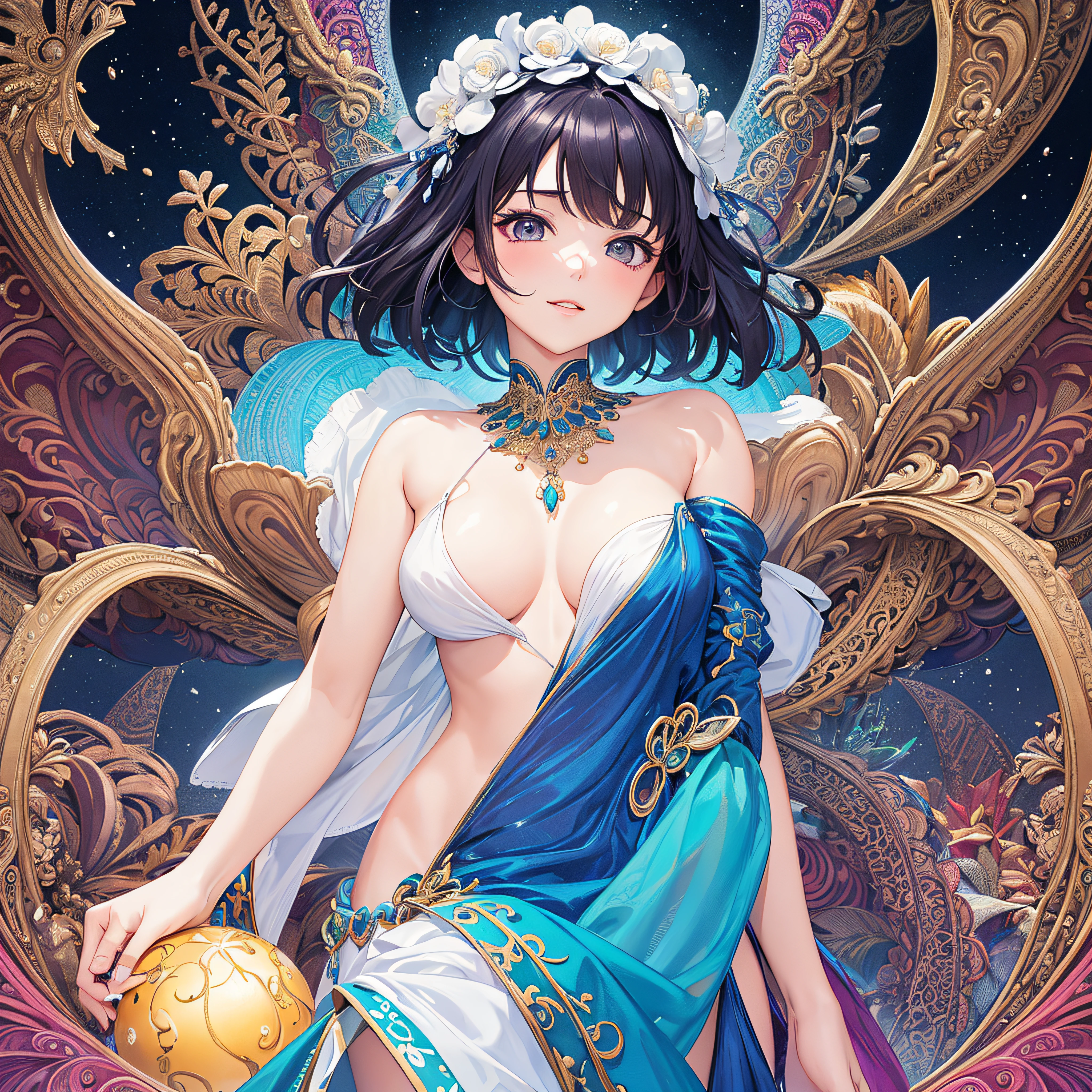 (Masterpiece, top quality, best quality, official art, Beauty and aesthetics: 1.2), (1 girl: 1.3), very detailed, (fractal art: 1.2), colorful, highest detail, (zentangle: 1.2), (dynamic pose), (abstract background: 1.5), (three-layer dress: 1.2), (shiny skin), (multiple colors: 1.4), upper body, transparent gauze, bare shoulders, blooming flower field, glowing skin, light smile, sexy, bust, naked, from below, butt up waiting up