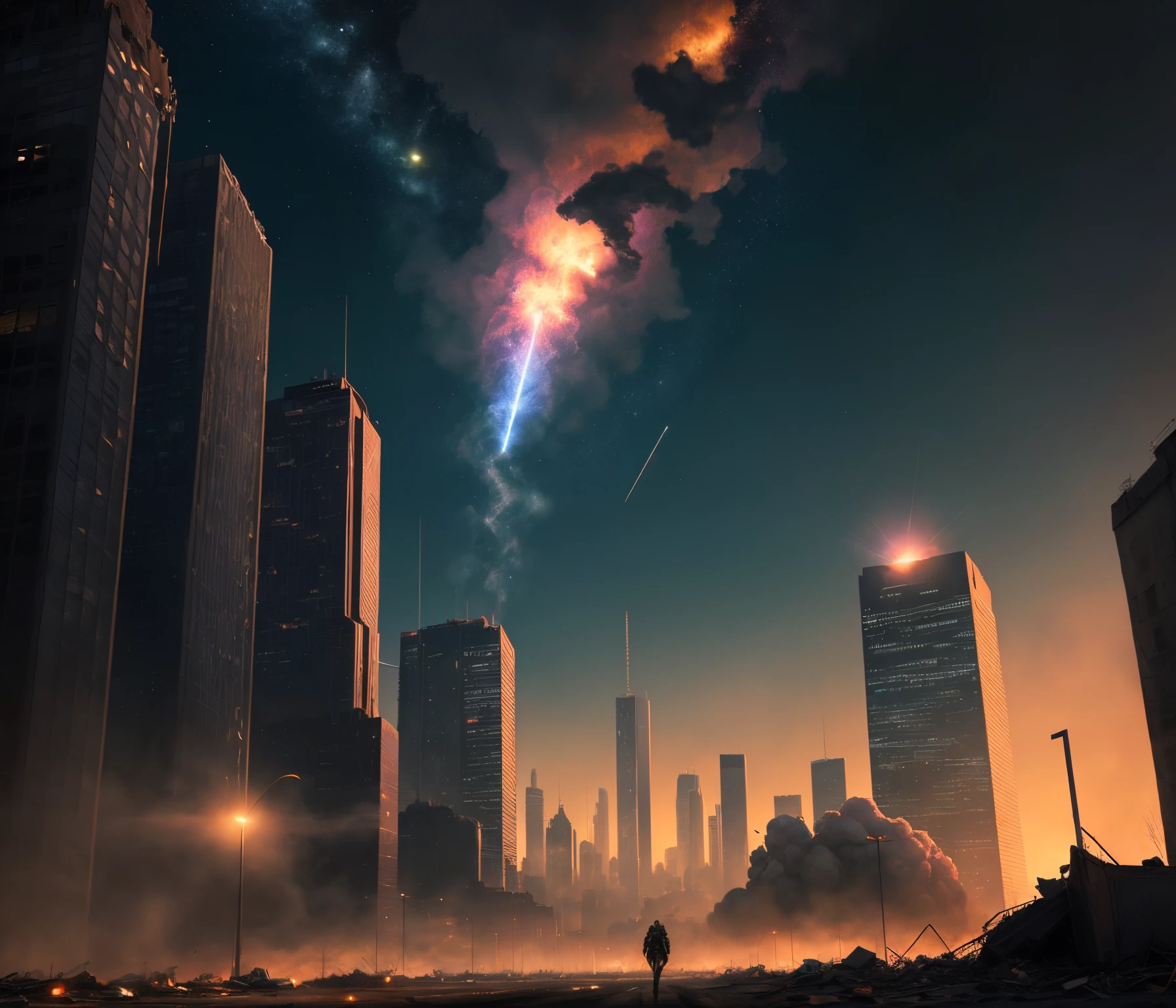 Late night city,Meteorites in the sky,Apocalyptic scenarios