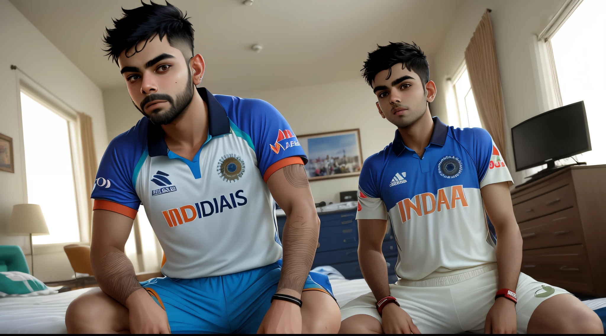 a teenage boy sitting in his room and watching indian cricket match on tv. the boy Virat kohli
is wearing an indian jersey 18 number
with Abuzar name with on it