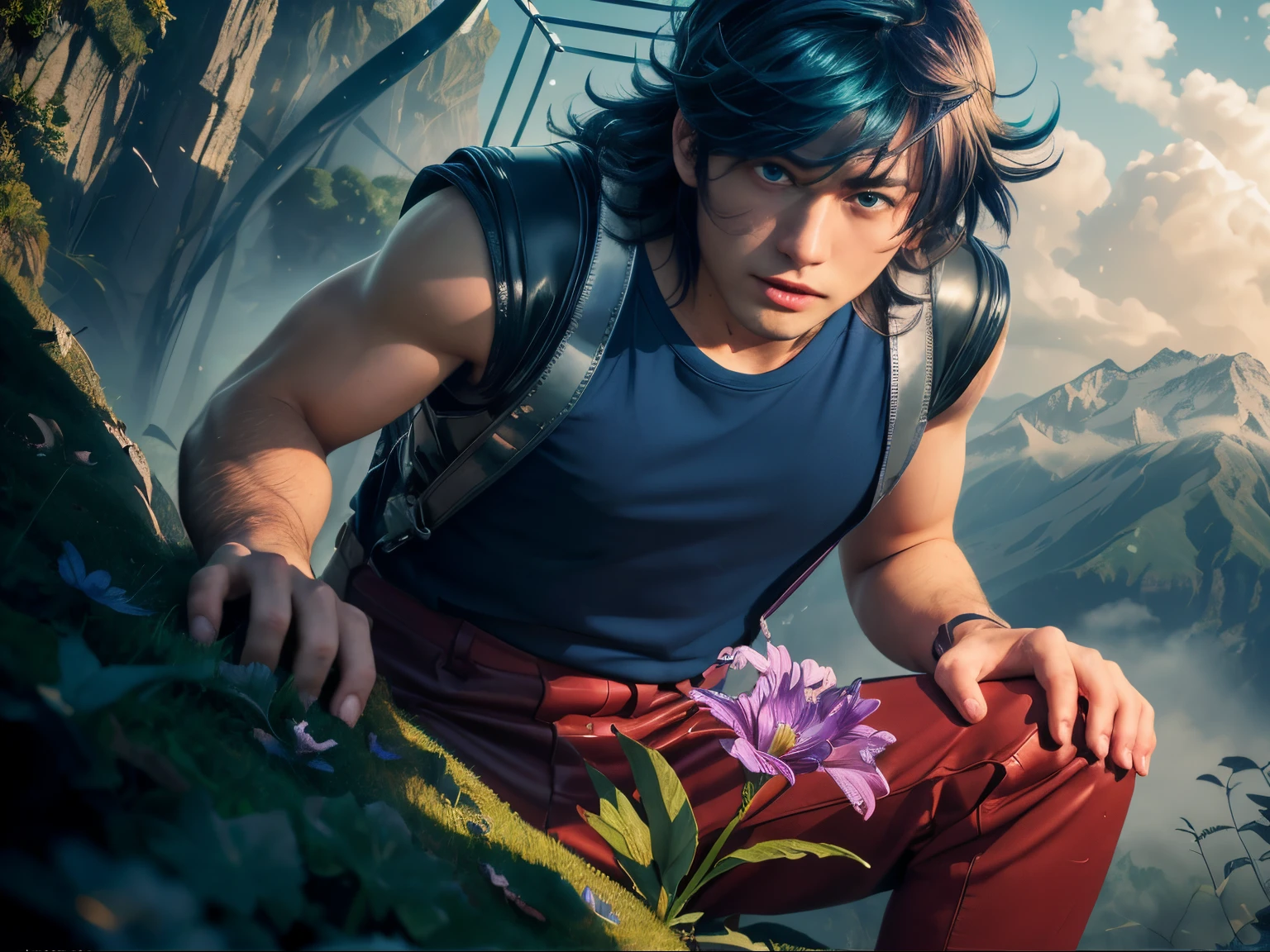 (masterpiece), (realistic), close up, (male) of 20 years old, Japanese (1boy), solo, slightly low view, in one knee, ((handsome man), ((strong face)), ((surprised face)), ((pretty big blue eyes)), ((perfect blue eyes)), short messy blue hair, ((bangs)), hair blowing in the air, (((beardless))), masculine blue t-shirt, red pants, leather straps, ((metallic Chrome box on his back)), looking a purple flower in the ground stem and green leaves), looking the flower, mountains surrounded by mists background, cinematic lighting.