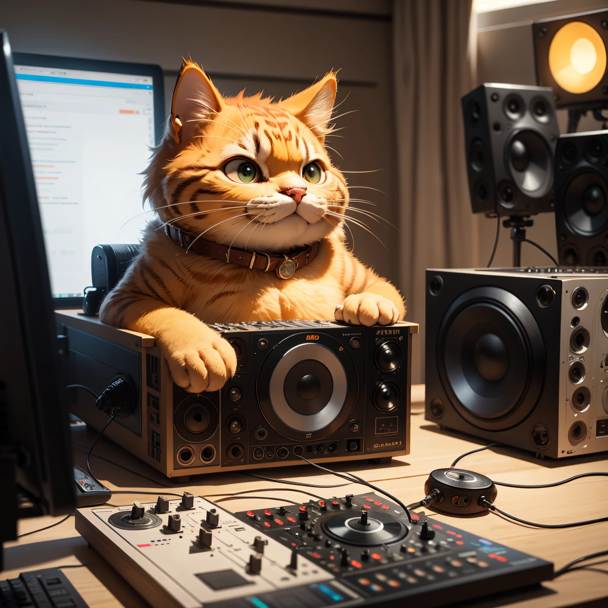 Garfield dancing rock and roll on dance floor background, Underground ballroom,tmasterpiece， high high quality， Best quality，Rock ballroom，Stylish Garfield DJ，Garfield wearing punk headphones，Garfield in rock &#39;n&#39; roll costume，k hd，8K
