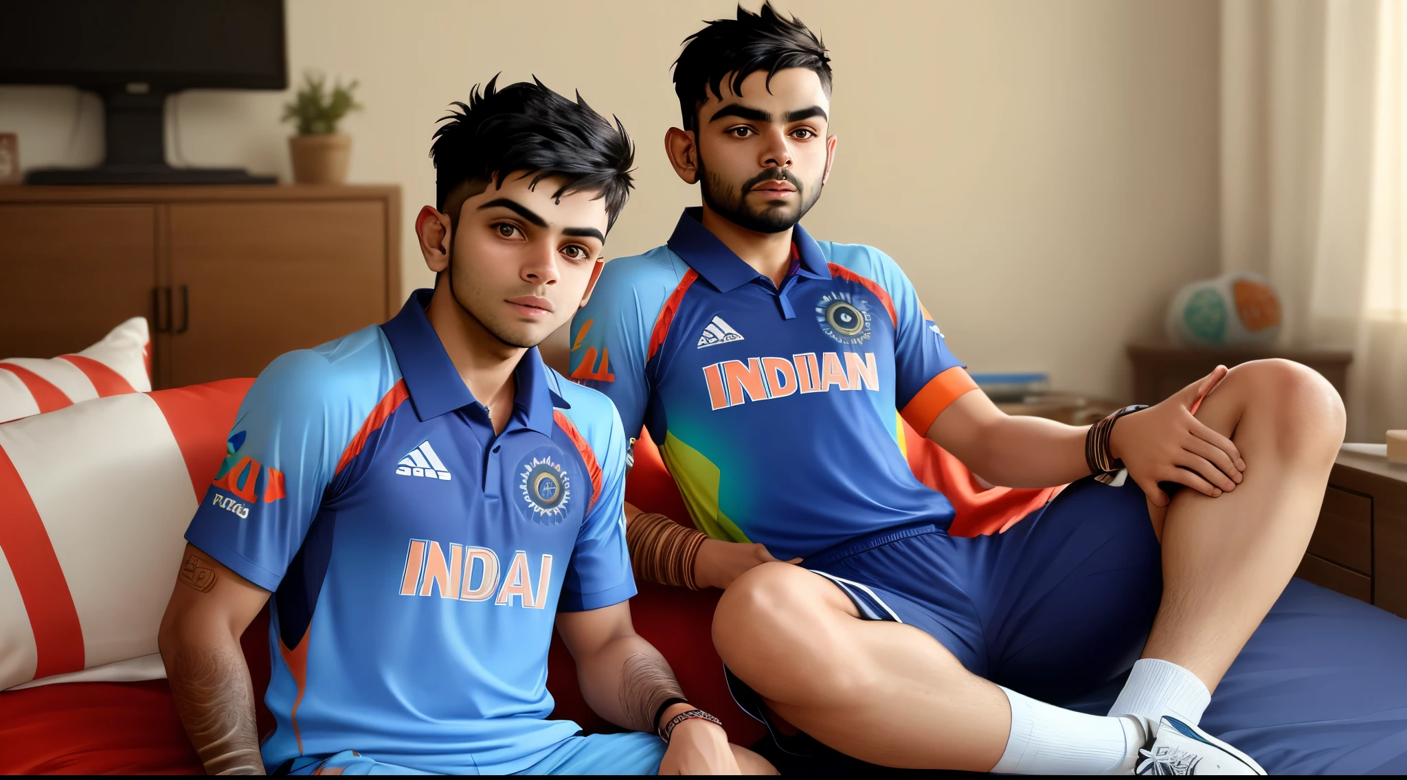 a boy sitting in his room and watching indian cricket match on tv. the boy Virat kohli
is wearing an indian jersey 18 number
with Abuzar name with on it