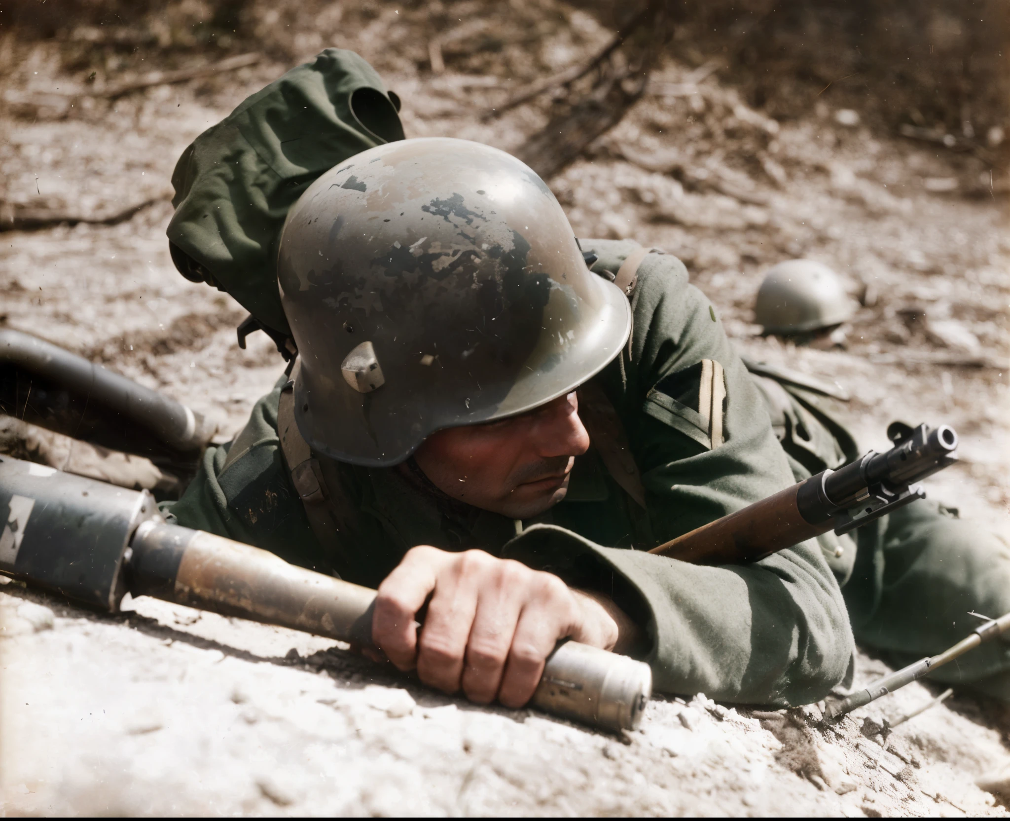 there is a man in a helmet and uniform laying on the ground with a gun, ww 2 historical photography, ww2 historical photography, ww2 photo, soldier under heavy fire, fighting in world war 2, ww 2, ww2, stormtrooper fighting in ww2, ww2 historical photo, world war ii military style, wartime footage, war photography