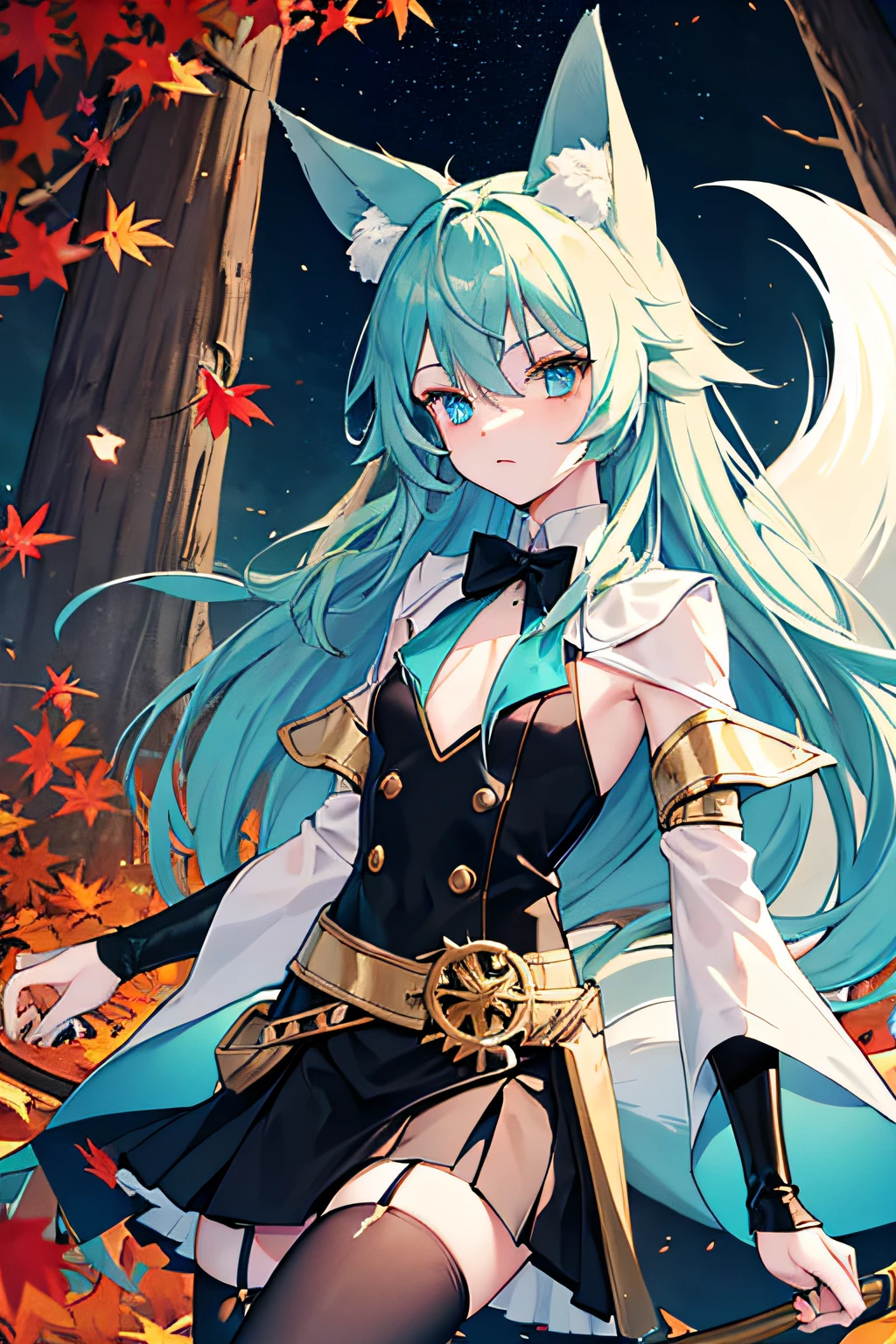 Guy Kitsune Femboy, with Fox ears and one tail, turquoise long hair, flat chest, dressed in a skirt and stockings with a belt, adventurer clothes on top, blue eyes with a vertical pupil, with an autumn forest in the background