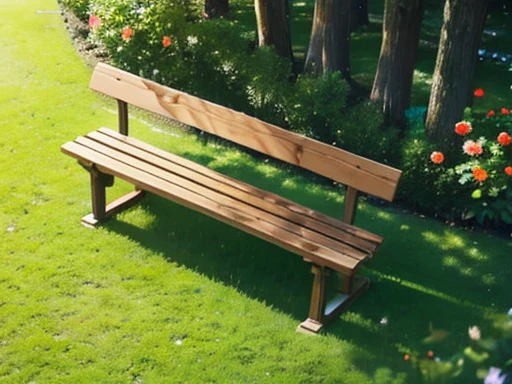 wooden bench in the park、Angle from diagonally above、grass field