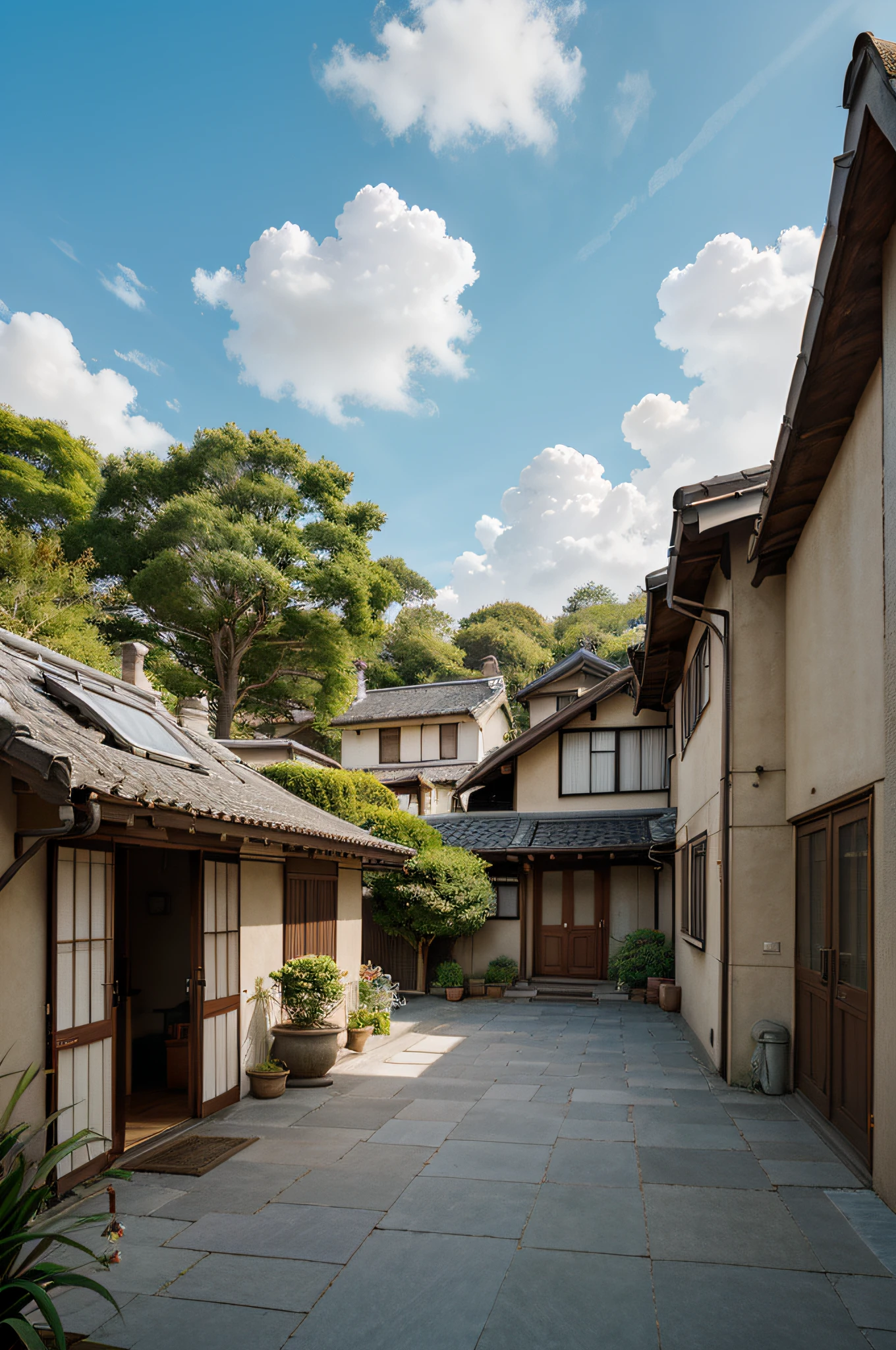 animee, cartoon, illustration, "painting" of a small characteristic Japanese wooden white house with veranda and woodshed, with garden, potted plants and a balcony, colors lit, shadow light contrast,on the blue roof of the house a chimney with smoke, blue sky with white clouds, a "painting" by Miyazaki, pixiv, fantastic realism, anime background art, detailed scenery —width 672, house background, studio ghibli sky, studio ghibli artstyle, anime countryside landscape, ghibli studio style, ghibli artstyle, studio ghibli art style, studio ghibli sunlight, high details .