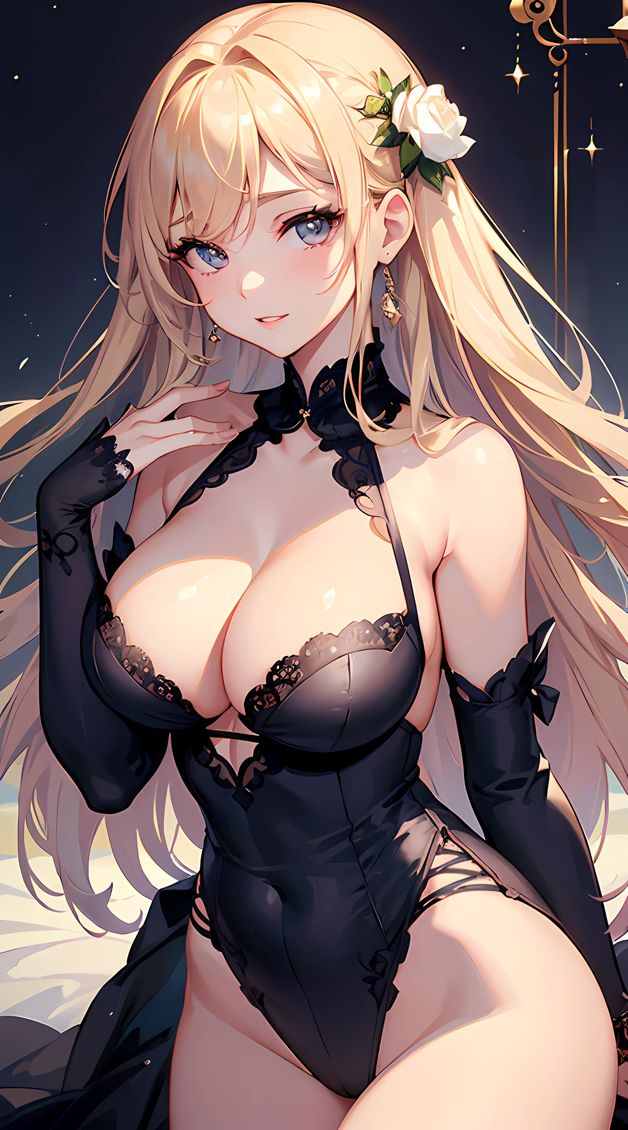 (Best quality at best,4K,8K,A high resolution,tmasterpiece:1.2),ultra - detailed,Beautiful age girl,exquisite facial features,beautifullips,Extremely detailed eyes and face,Long eyelashes, Low-cut floral cheongsam,Perfect curves,gentlesoftlighting,coloured background,shy expression and cheeks, Shiny hair shines in the light, Enchanted smile,Highlight your plump and charming breasts, eye-catching elegant gesture, Gorgeous lace lingerie, Slender beautiful legs,strappy underwear