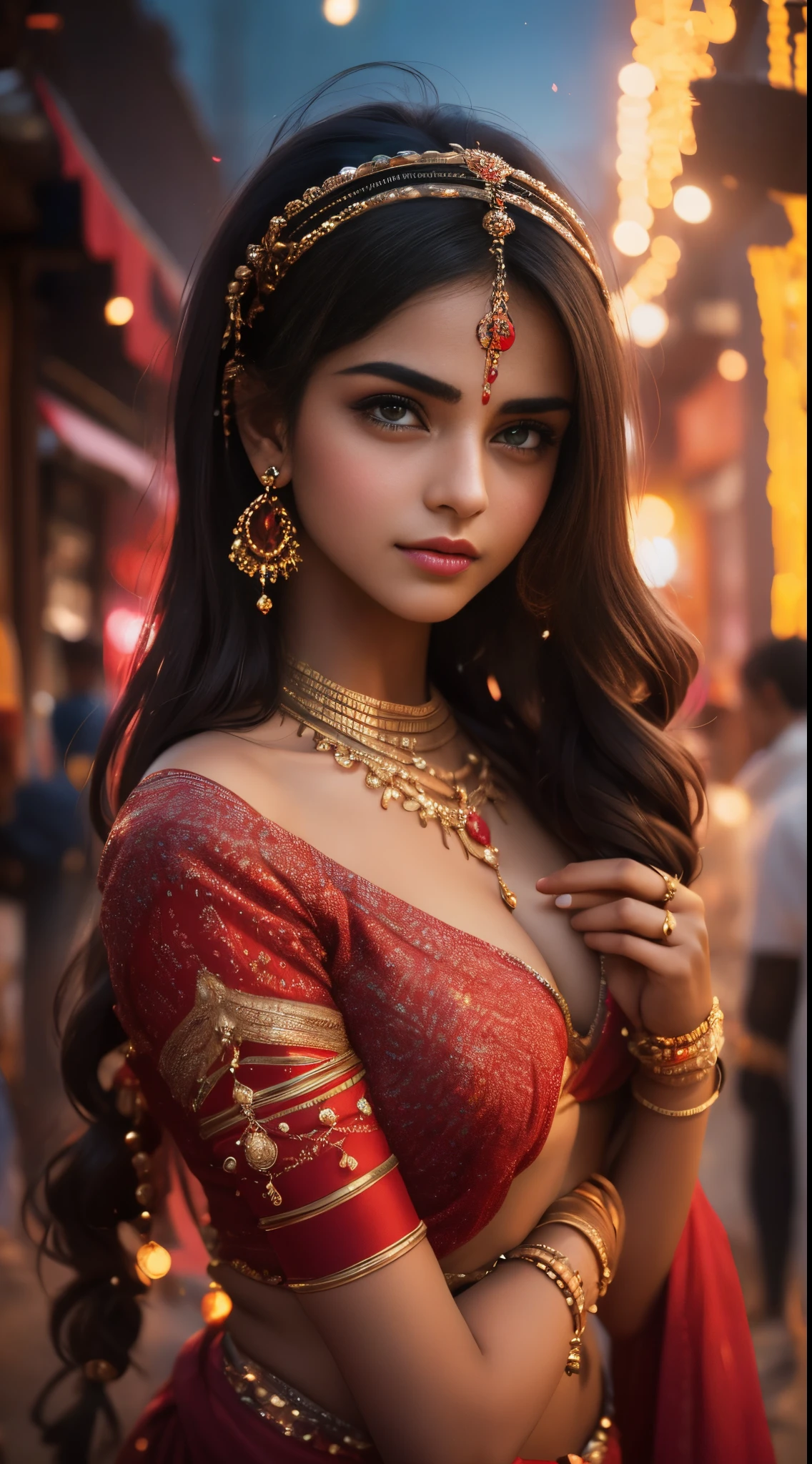 In the bustling streets of a vibrant Indian city, amidst the kaleidoscope of colors and scents, a woman (( 184 cm)) (((Selena Gomez:Emma Watson:0.8))) clad in a vibrant red saree and a black blouse becomes an ethereal sight that captivates all who lay eyes upon her. Her undeniable beauty transcends time and space, leaving onlookers spellbound.

Describe the scene as the woman, where diwali fireworks are in behind, the street is decorared with lights,candles and earthen lamps, depicting the festival of diwali.The atmosphere is alive with whispers as her mesmerizing allure evokes a sense of awe and admiration.

Embark on a journey to reveal the woman’s story—her name, her background, her passions—and the reasons behind her choice of attire. Explore her persona, intertwining elements of mystery and allure, as people speculate on the secrets hiding behind her enchanting gaze.

Incorporate the sights, sounds, and emotions that surround this extraordinary woman, as she navigates through the city’s vibrant tapestry. Whether it be the scent of freshly ground spices, the distant sound of temple bells, or the intricate henna designs adorning her hands, immerse the reader in the sensory experience of this captivating moment.

As the story unfolds, her path intertwines with that of a curious photographer who becomes determined to capture her undeniable beauty in a single photograph. Describe their encounters, the photographer’s attempts to understand her story, and the profound impact this woman’s presence has on his own life.(Blur Background:1.6), (Blue Hue:0.8), (Auto focus:1.4)