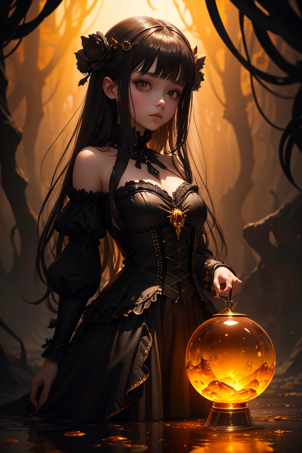 In the depths of the amber, a dark and mysterious world unfolds, where a surreal death girl with eyes of liquid gold wanders, lost in the amber's enigmatic dreamscape surrealistic