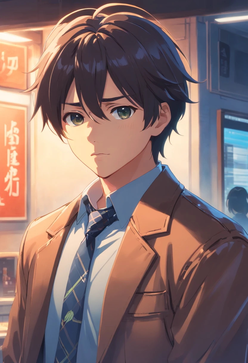 (masterpiece, best quality:1.2), cowboy shot, solo, male focus, 1boy, ryu \(sf\), serious, closed mouth, looking at viewer, black hair, dougi, Coat and tie