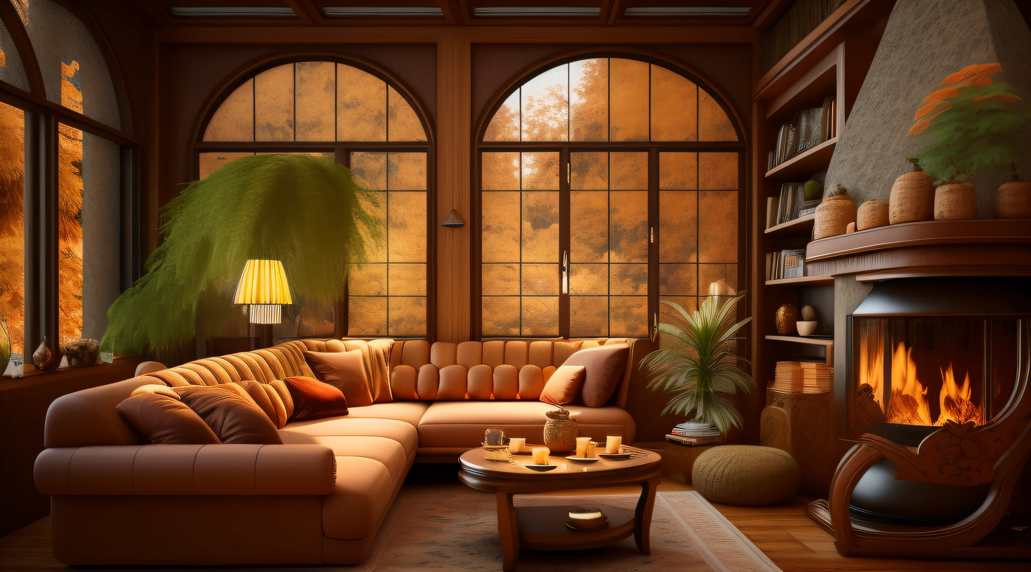 Alafid living room with sofa, a chair, desks, fireplace and windows, welcoming living room, Warm living room background, warm interior, comfortable atmosphere, cozy place, Warm home background, cozy living room interior, cozy and peaceful atmosphere, cozy environment, warm cosy colors, cozy living room, comfortable atmosphere, cozy environment, soft autumn sunlight, Having a dog at home is comfortable and atmospheric