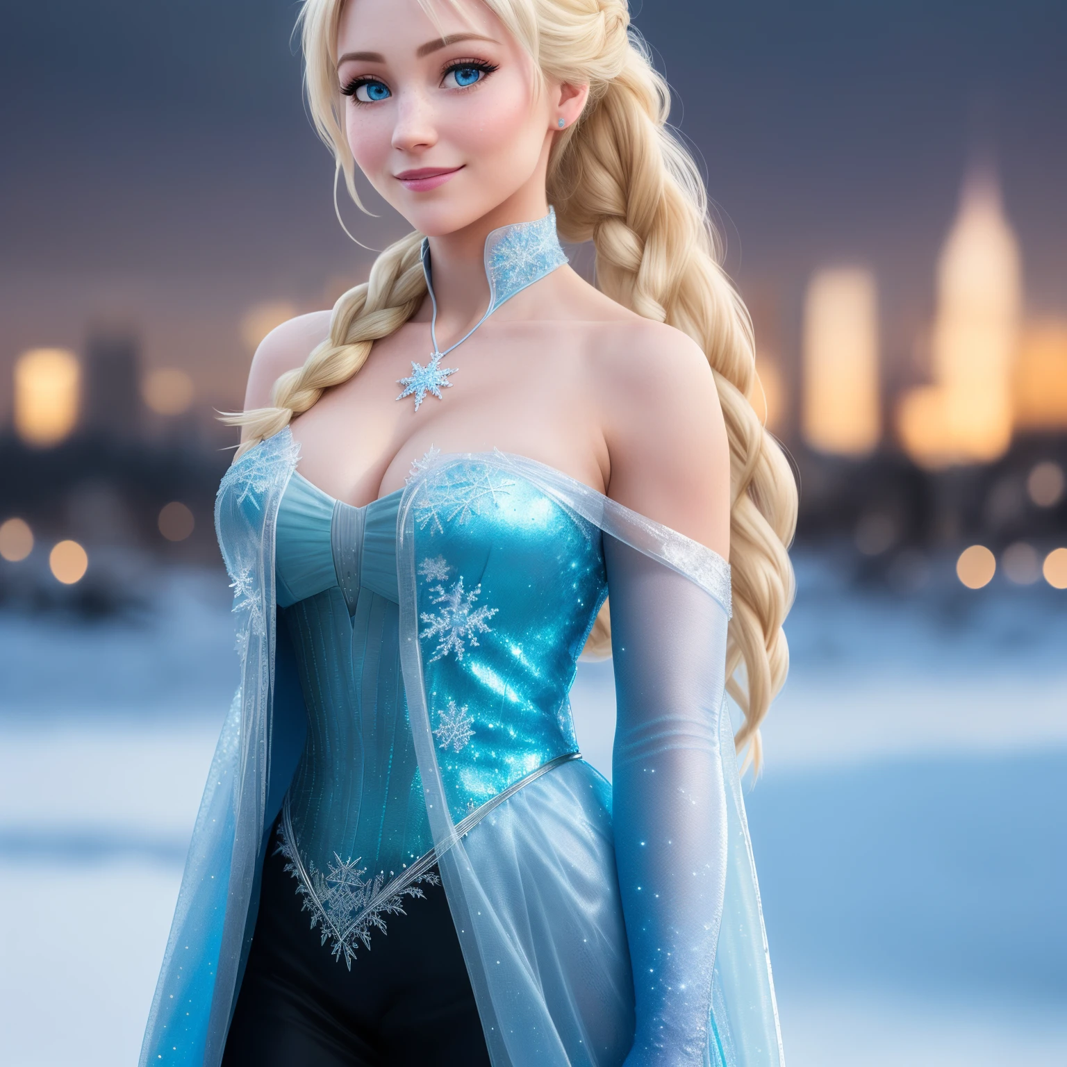 (8k), (best quality), (masterpiece:1.2), (realistic), (photorealistic:1.37), ultra-detailed, elsa, one piece blue, detailed face, ((frozen night city background)), (stands straight), ((perfect female body, skin dentation)), mature female, milf, narrow waist, smile, (full body), sexy legs, blonde | ponytail | wavy, high quality, HDR, 4K, photorealistic, incredible detail of the skin, professional photo