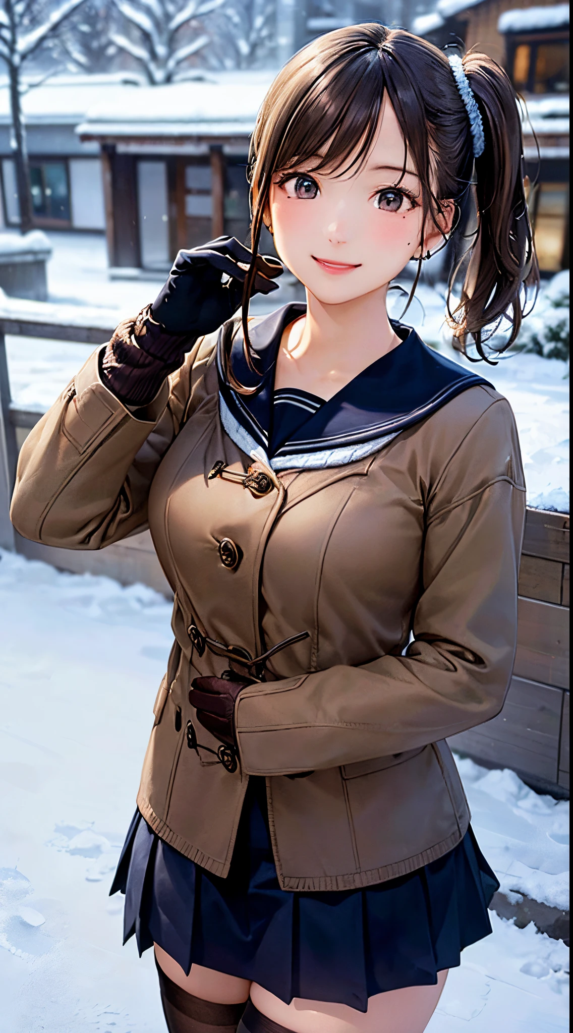 ((((, , perfect anatomy, super detailed skin)))), 1 girl, japanese, 14 years old, shiny skin, large breasts:0.5, watching the view, (smile:1.5), 
beautiful hair, beautiful face, beautiful detailed eyes, (middle hair:1.5, side ponytail:1.7), 
beautiful clavicle, beautiful body, beautiful chest, beautiful thigh, beautiful legs, babyface, , , mole under eye, 
(navy school uniform, long sleeves, navy pleated skirt, sailor collar, , black thigh-highs, 
((brown medium coat, muffler, knitted gloves)), extremely sexy, seductive thighs)), white panties, 
(beautiful scenery), winter, evening, hokkaido, sapporo, outdoors, snow, snowfall:1.5, freezing weather, frost, walking, holding a phone, 
(8k, top-quality, masterpiece​:1.2, extremely detailed, , ), (realistic, photorealistic:1.37), beautiful illustration, cinematic lighting,