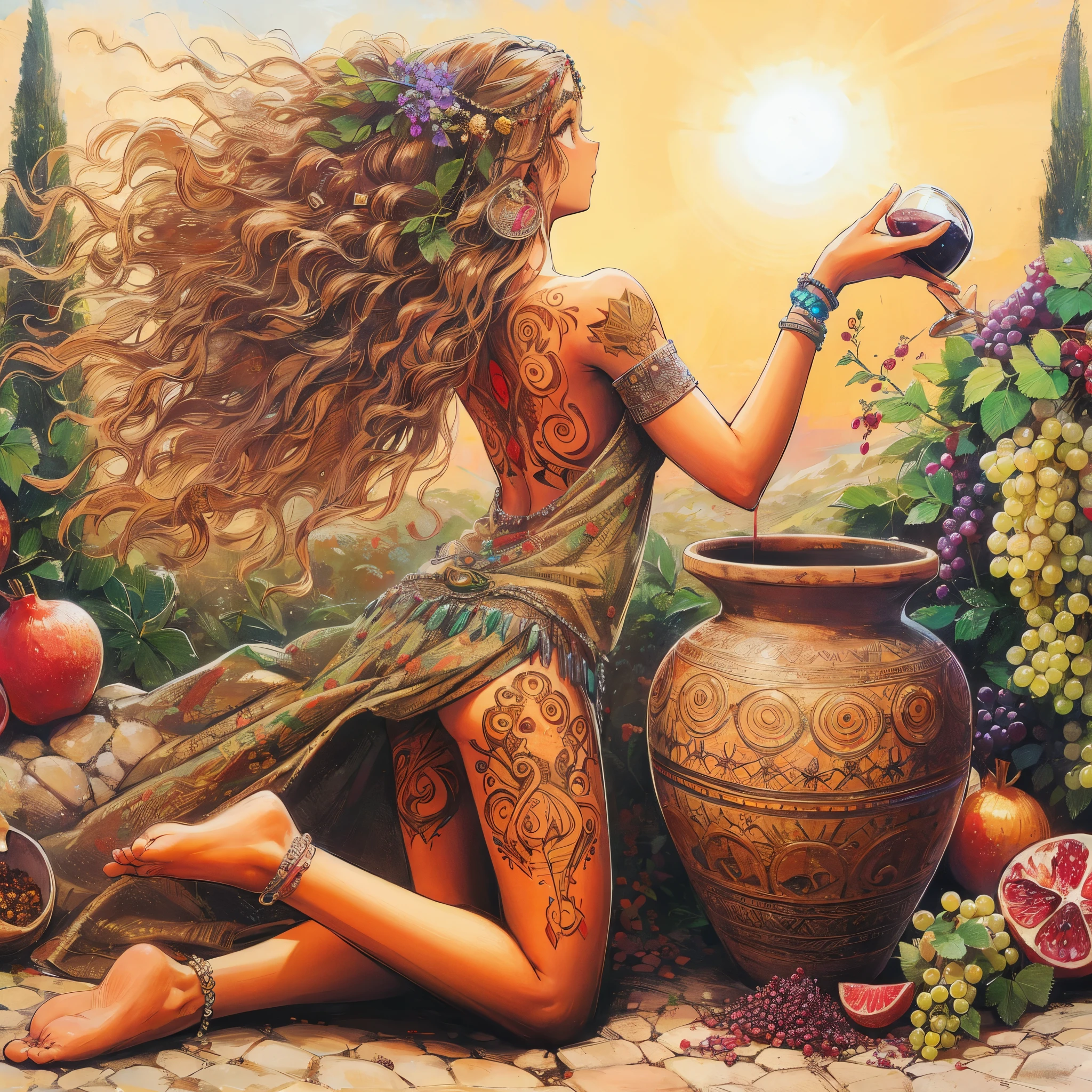 Artistic painting: A woman with beautiful hair in Berber clothes. I hold in her hands a jar of wine in the ground. It looks like it is from Roman times. Her feet are barefoot dancing on grapes, pomegranates, and strawberries. On her back is a tattoo and an anklet on her leg. A beautiful sight that pleases the viewers with the sun’s rays.