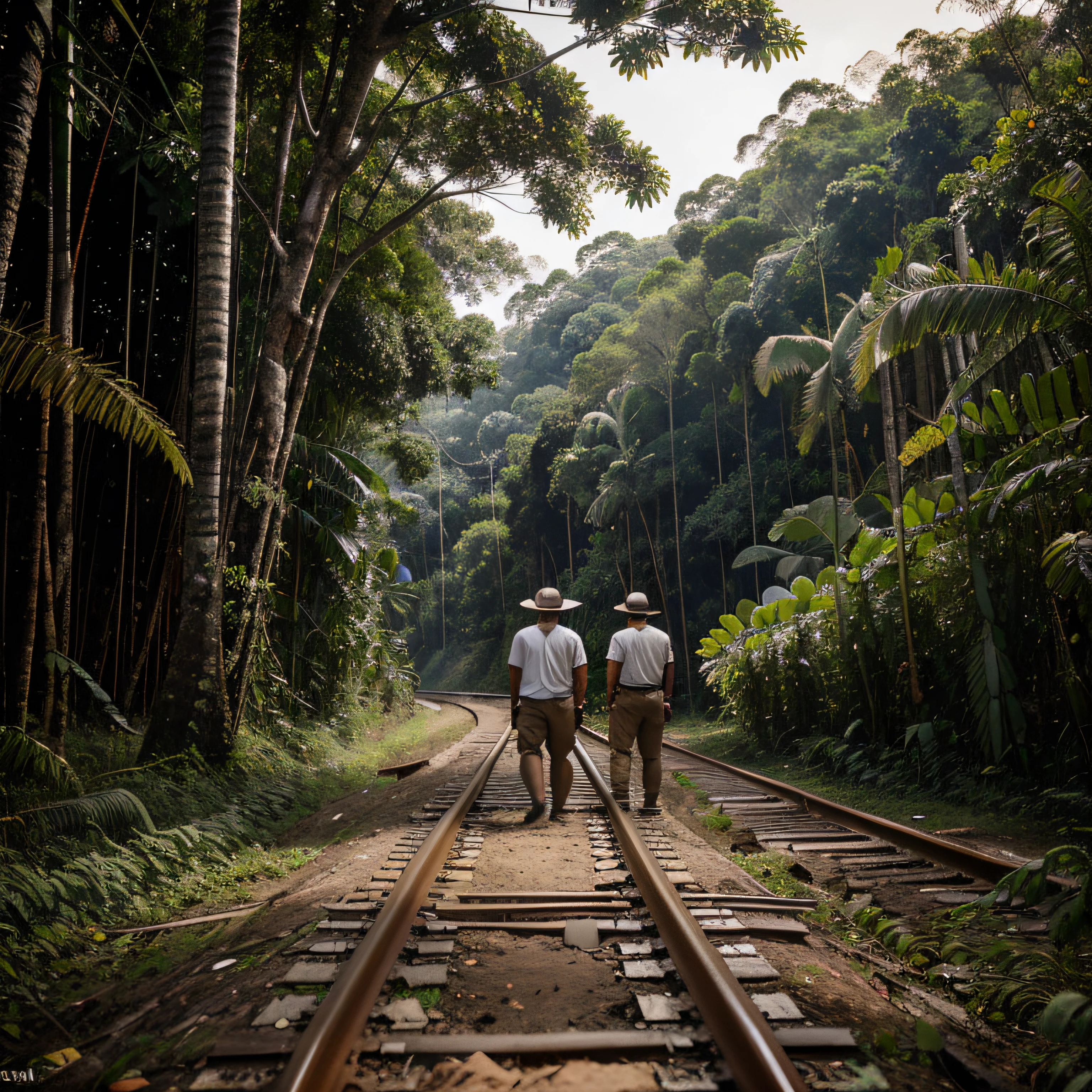 Foto RAW, Workers building tracks for steam trains in the middle of the Amazon jungle in Brazil in 1912, sob chuva e perto de rios, Dangerous forest background with indians and jaguars, alta qualidade, filmic grain, Fujifilm XT3.