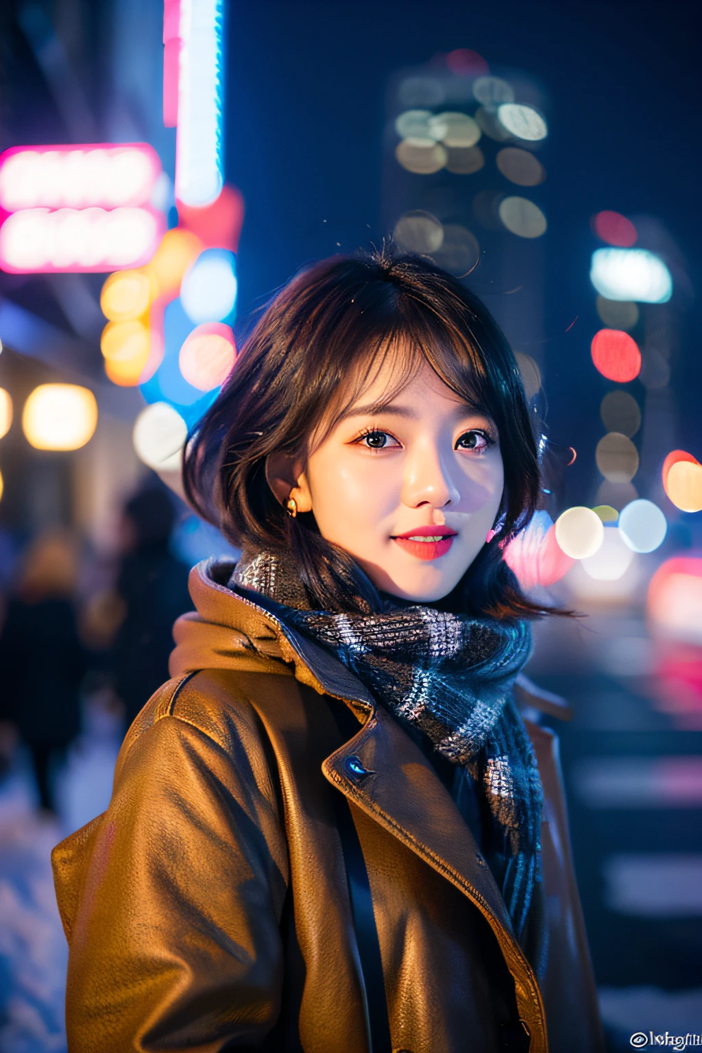 (8k, RAW photo, best quality, masterpiece:1.2), (realistic, photo-realistic:1.37),1girl,(Kpop idol), (aegyo sal:1),cute,cityscape, night, winter, snow, professional lighting, photon mapping, radiosity, physically-based rendering,