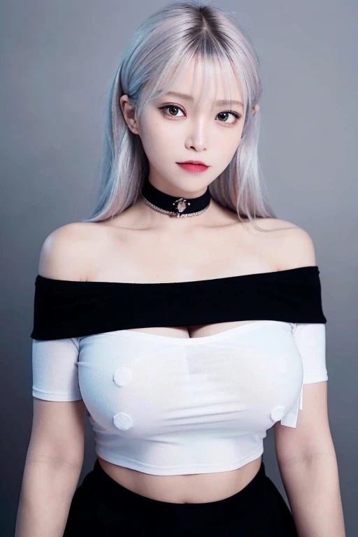 best quality, ultra high res, (photorealistic:1.4), 1girl, off-shoulder white shirt, black tight skirt, black choker, (faded ash gray hair:1), (huge breasts:1.2), looking at viewer, closeup