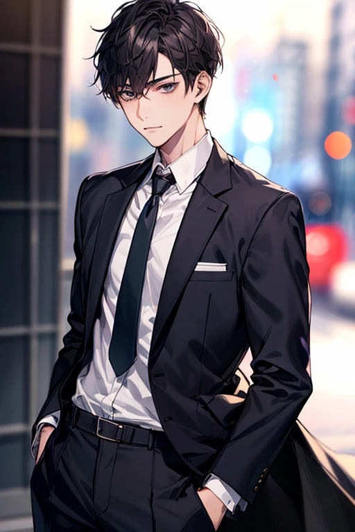 1boy, face focus, adult, suit, jacket, white shirt, tie, pants, best quality, face detail, detail background, background bokeh