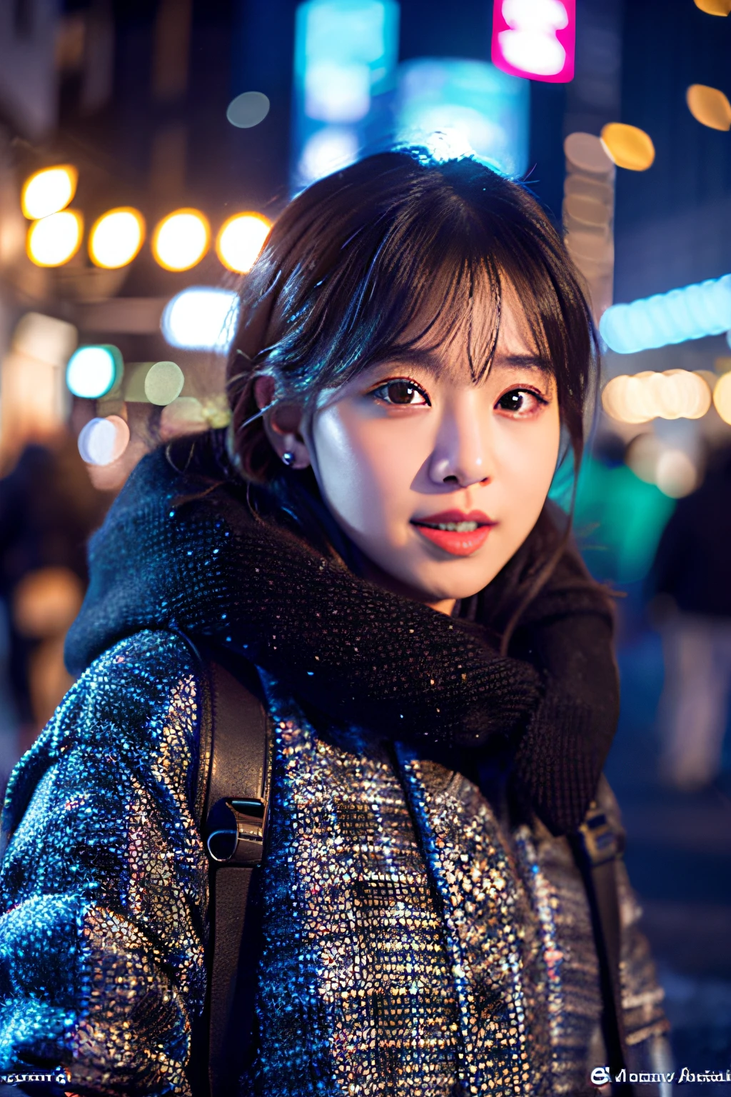 (8k, RAW photo, best quality, masterpiece:1.2), (realistic, photo-realistic:1.37),1girl,(Kpop idol), (aegyo sal:1),cute,cityscape, night, winter, snow, professional lighting, photon mapping, radiosity, physically-based rendering,