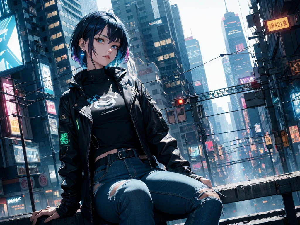 {{masterpiece,Best Quality}}, top-quality, Delicate background,delicated face,Super delicate,Ultra-detailed CG Unity,8k wallpaper, lensflare, (colourfull:1.5),Detailed beautiful eyes,a 20 yo woman,Bery short hair,Cool Face,((Black and blue hair)),glowing green and purple eyes,Big piercings,Overjacket,damage jeans,cyberpunked,a hologram,Neon lights flying around,nighttime scene,Perfect human body structure,On top of the building,Sit on the steel frame,stare at the building,Shining Buildings,Cyberpunk City,From above,from distance,