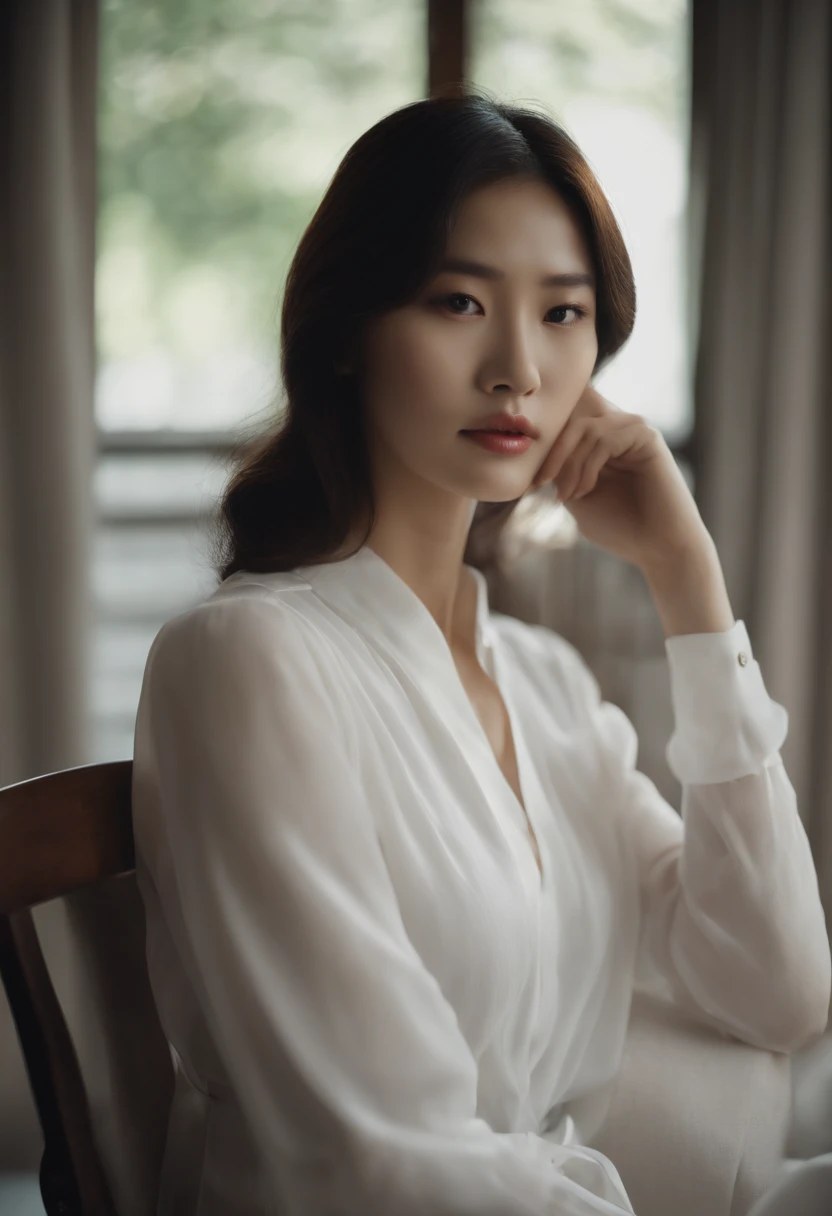 Close-up of a woman in a white blouse sitting on a chair, gorgeous young Korean woman, white clothes are very transparent, breasts and can be seen, huge butt, huge thighs