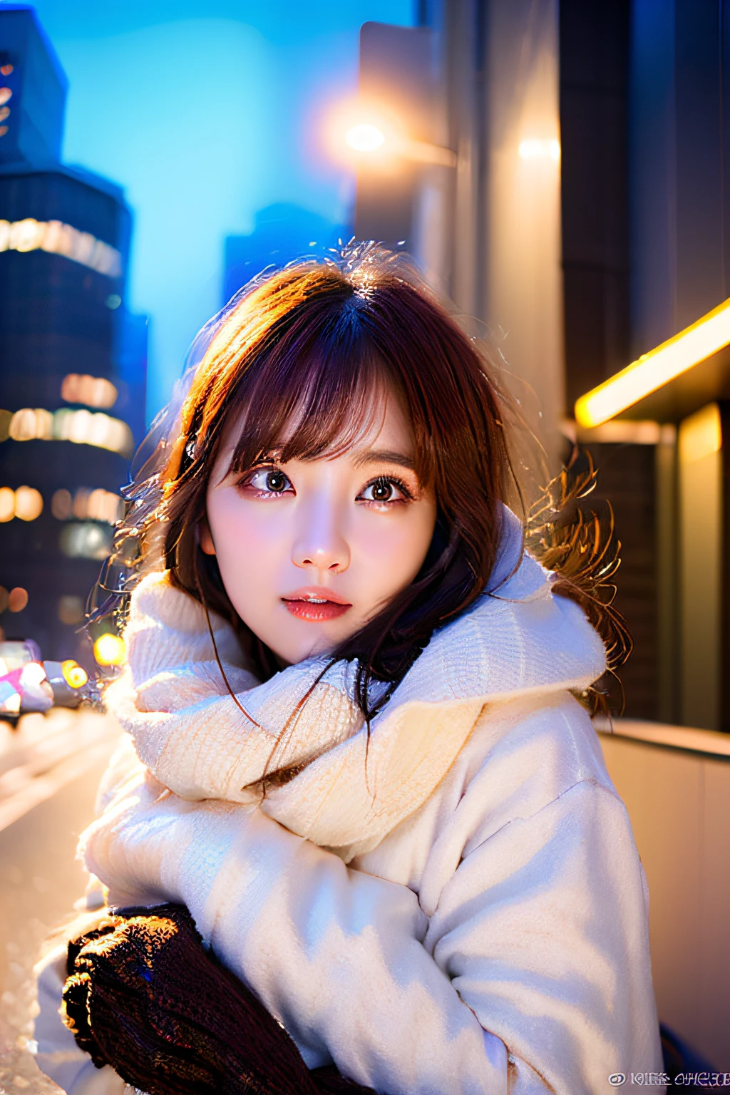 (8k, RAW photo, best quality, masterpiece:1.2), (realistic, photo-realistic:1.37),1girl,(Kpop idol), (aegyo sal:1),cute,cityscape, night, winter, snow, professional lighting, photon mapping, radiosity, physically-based rendering,