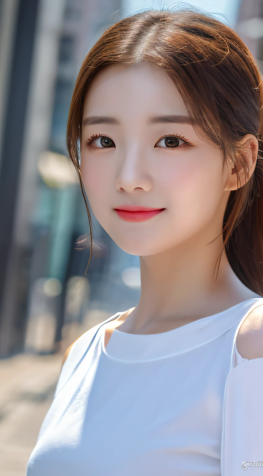 A masterpie, beste Quality, 8K, absurdist, (upper-body:1.4), white shirts, beautyful girl, Clean face, looking at the viewers, Sorrisos, ultra realisic, a highres, pictures, sharp-focused, HDR, face lights, Dynamic lighting, Movie lighting, Professional Shadows, beautiful cityscape background, Supreme Details, extremely detaild, 超detailded, finelydetail, authentic skin, Delicate facial features, detailed face and eyes, Sharp pupils、Realistic pupils