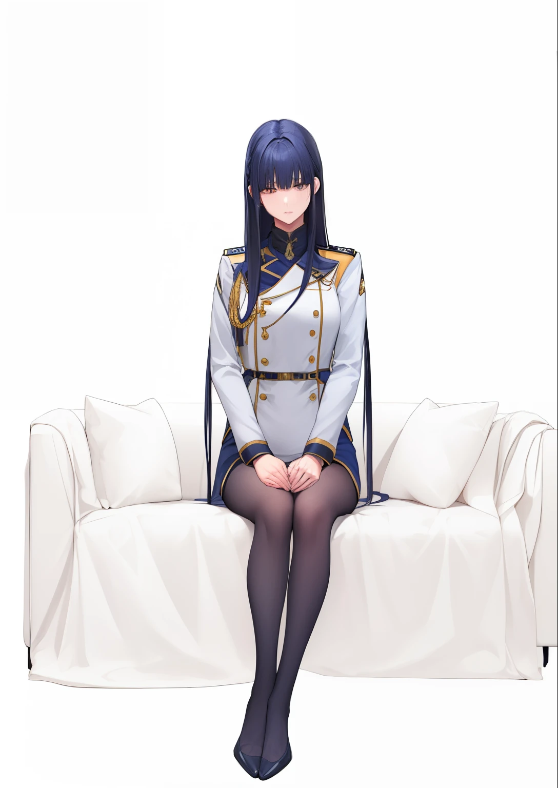 woman with long dark blue hair、Patsun's hairstyle、Wearing a navy blue military uniform,Sitting on the couch、Facing the front、masuter piece、The ultra -The high-definition、