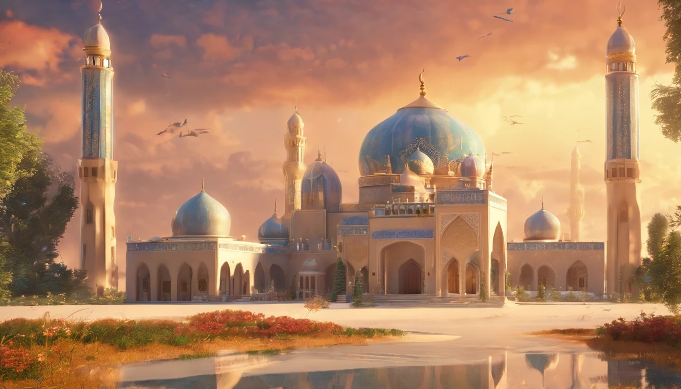 mosque, beautiful sky，Xinjiang city-state，western regions，Silk Road，White Castle，Super fine details，Desert scene，Islamic Architecture Below is a visual description: