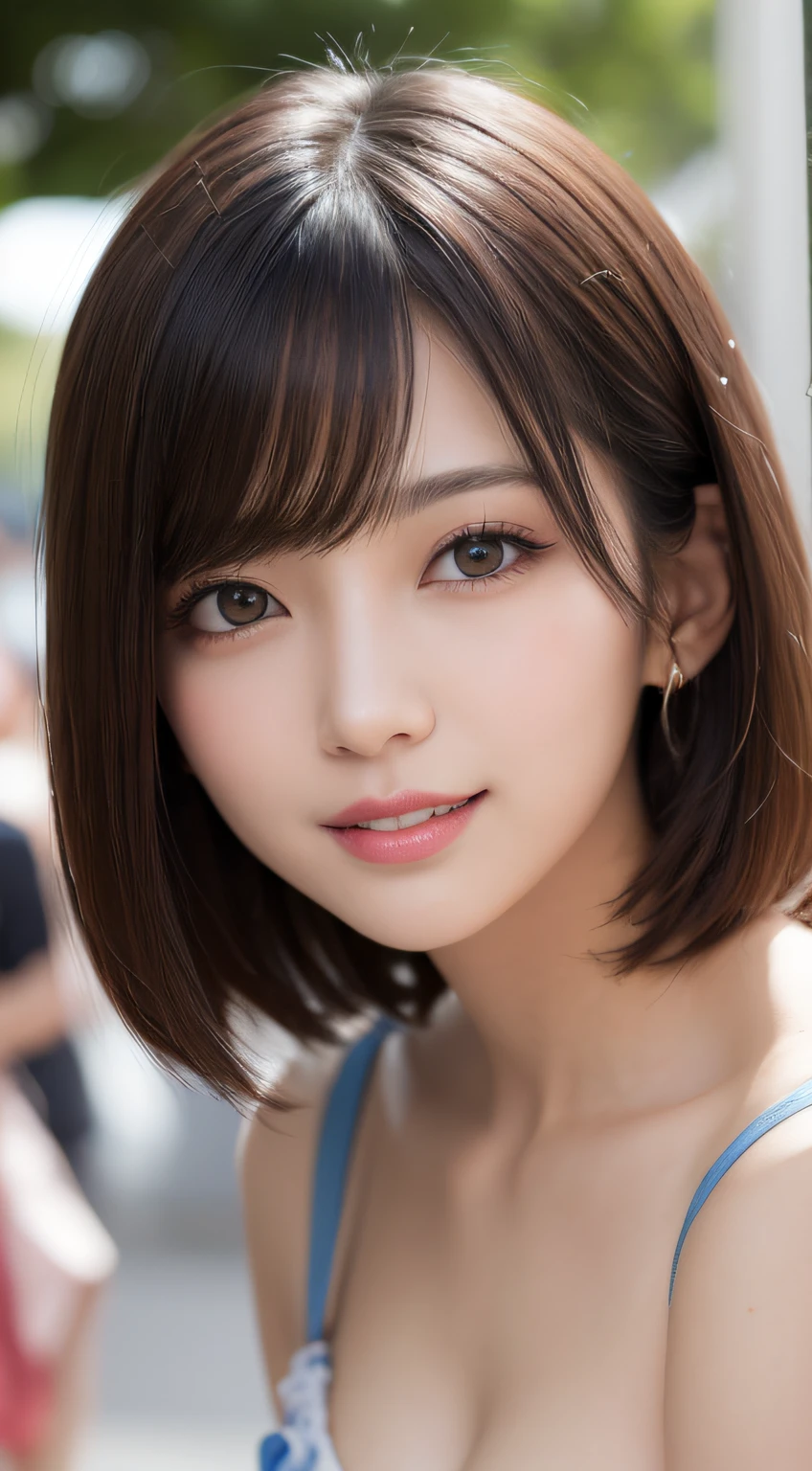 masutepiece, Best Quality, Illustration, Ultra-detailed, finely detail, hight resolution, 8K Wallpaper, Perfect dynamic composition, Beautiful detailed eyes, Women's Fashion Summer,Short bob hair,mid-chest, Natural Color Lip, Bold sexy poses,Smile,Harajuku、20 years girl、Cute、Sexy shot looking at camera
