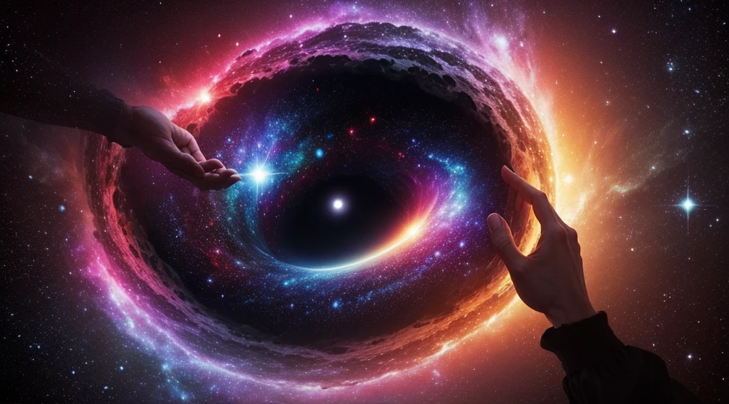 A hand holds a colorful galaxy. The background is a black hole.