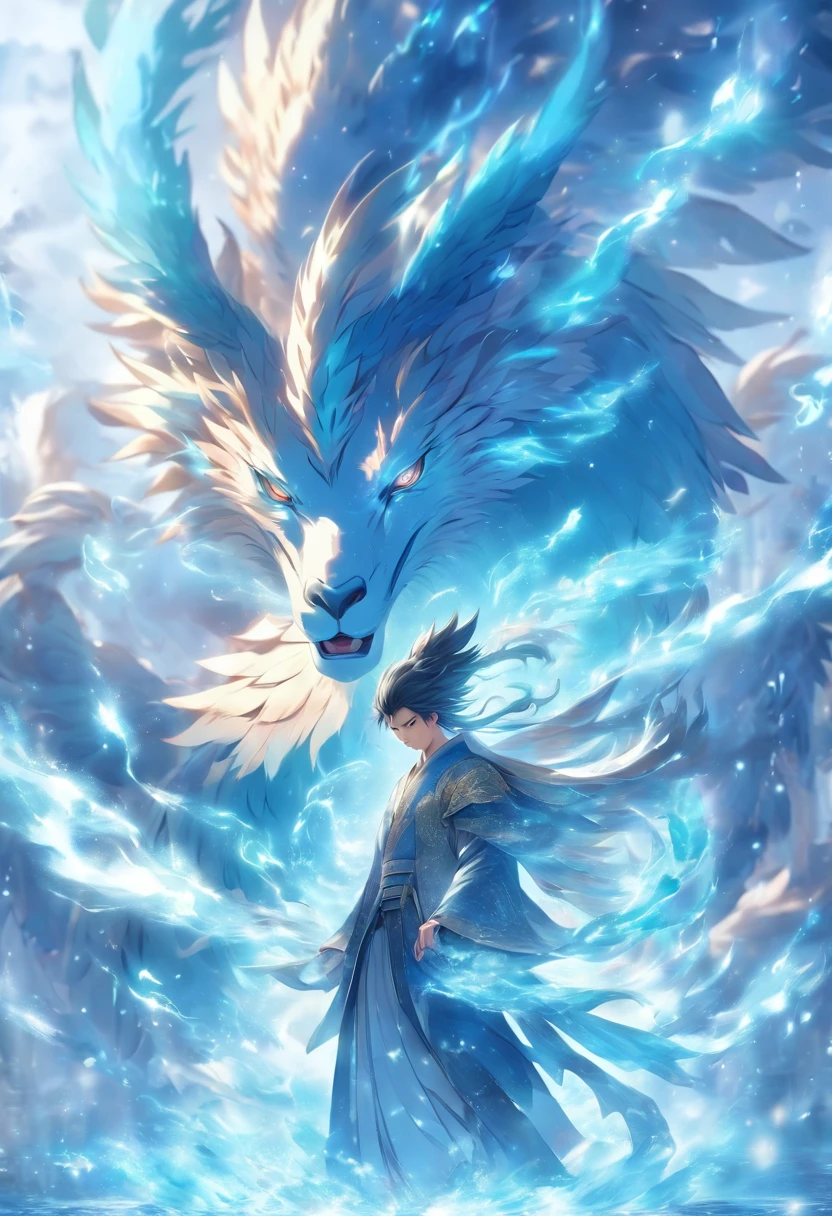 (tmasterpiece), (Best quality at best), Cinematic quality，Rendered by Octane，Ultra-detailed details，1 boy,Cool action，Wearing ancient Chinese Hanfu，(Ancient Chinese Formation:1.2),Energy surrounds，light particle fluid，Fairy air fluttering，Luminous magic circle，Summon ancient beasts，oda&#39;Behind him is a huge ice blue phoenix，Ice Phoenix，Blue Phoenix