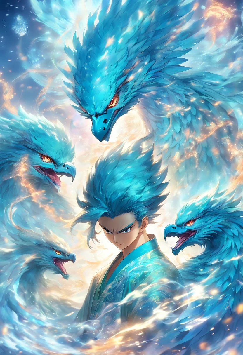 (tmasterpiece), (Best quality at best), Cinematic quality，Rendered by Octane，Ultra-detailed details，1 boy,Cool action，Wearing ancient Chinese Hanfu，(Ancient Chinese Formation:1.2),Energy surrounds，light particle fluid，Fairy air fluttering，Luminous magic circle，Summon ancient beasts，oda&#39;Behind him is a huge ice blue phoenix，Ice Phoenix，Blue Phoenix