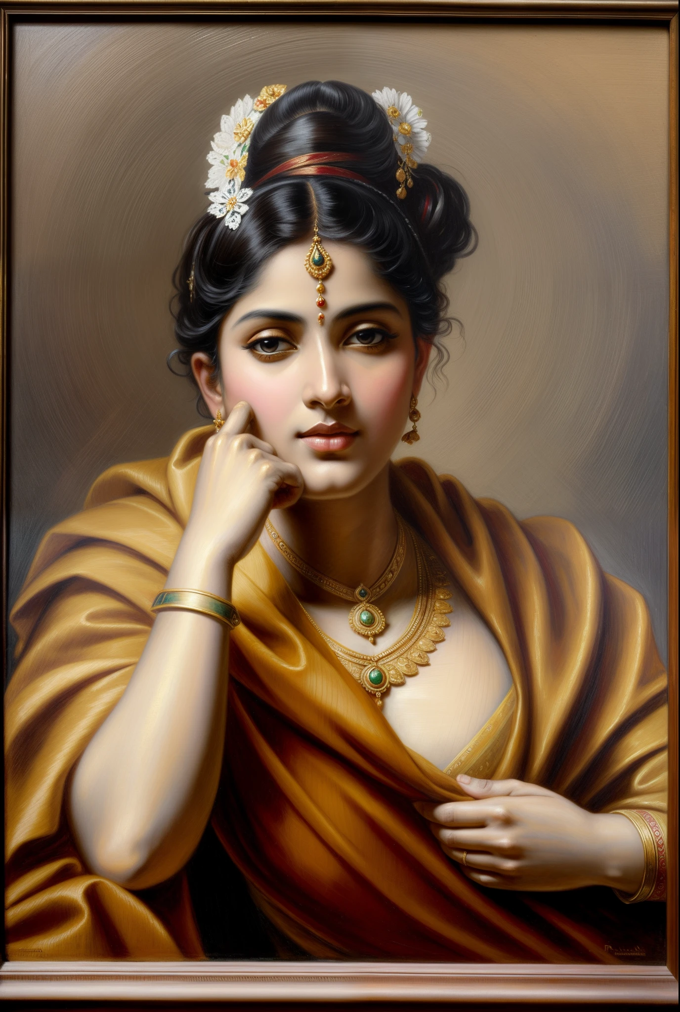 Beautiful Indian Woman, wearing saree, sari Beauty, gorgeous, Apsara, Maharani, royal queen woman, nymph from Hindu Mythology, Urvashi, matchless beauty, Highly detailed, Oil Painting by Peter Paul Rubens inspired by Raja Ravi Varma, Matchless beauty, captivating, gorgeous, heavenly beauty, celestial beauty, Jolyne as "The Butterfly" by Peter Paul Rubens, 1893, realistic, hyper realistic, micro details, incredible artwork, insane details, ultra High resolution, 8k, 32k, acrylic on canvas, intricate, flawless, detailed, detailed face, detailed eyes, masterpiece, by Peter Paul Rubens, by Caravaggio, by William Adolphe bouguereau, perfect face, perfect body, beautiful art, realism, baroque, renaissance Art, highly textured, beautiful and High clarity eyes, uhd, best quality,