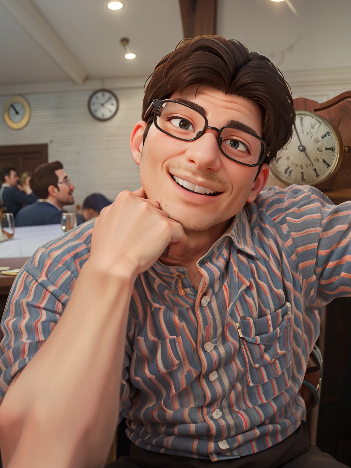 there is a man with glasses sitting at a table with a clock in the background, with accurate face, candid,realistic,animated with smile