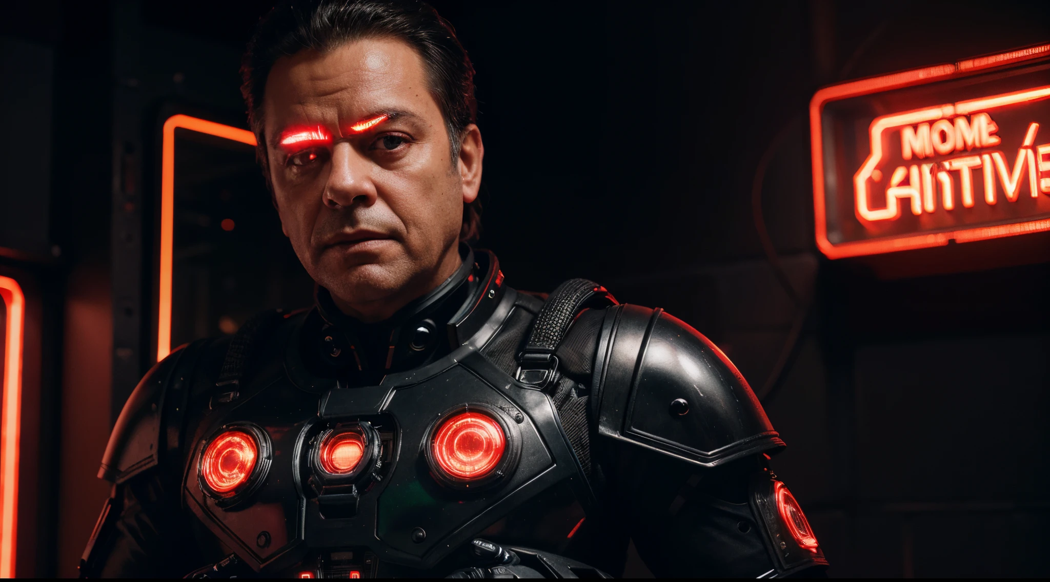 Cinematic Ultra Realistic 8k Centered, homem [Paul Sorvino], In a shiny black mechanical android suit with red accents and lights with intricate cybernetic implants, coat, indoor backdrop illuminated with red neon lights, bem iluminado, Cyberpunk, Foto premiada, Bokeh, red neon lights, cybernetic limb