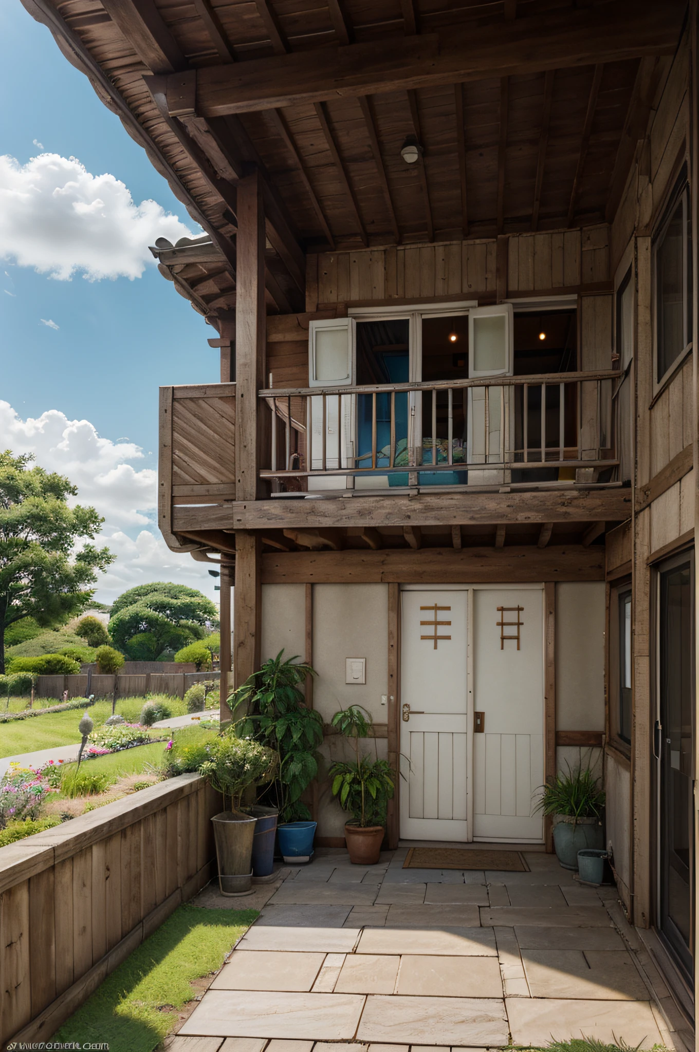 anime, cartoon, illustration, "painting" of a small characteristic Japanese wooden white house with veranda and woodshed, with garden, potted plants and a balcony, colors lit, shadow light contrast,on the blue roof of the house a chimney with smoke, blue sky with white clouds, a "painting" by Miyazaki, pixiv, fantastic realism, anime background art, detailed scenery —width 672, house background, studio ghibli sky, studio ghibli artstyle, anime countryside landscape, ghibli studio style, ghibli artstyle, studio ghibli art style, studio ghibli sunlight, high details, beautiful anime scenery,