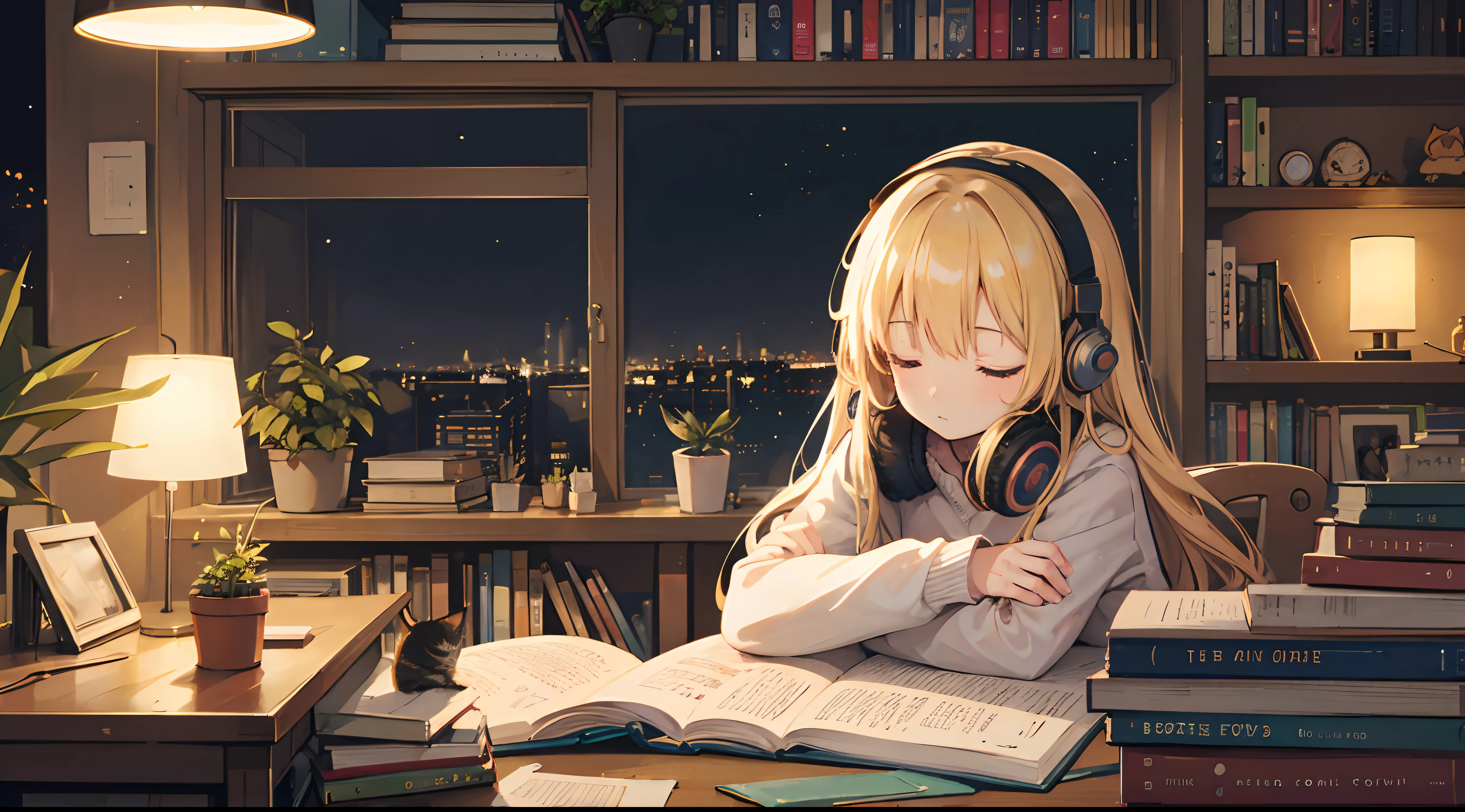 Illustration, Young Girl, headphones, Writing, apples, Cozy room, during night, Cityscape, Wooden table, potted plant, sleeping cat, Books, window, bookshelf, Synth Wave.a blond,