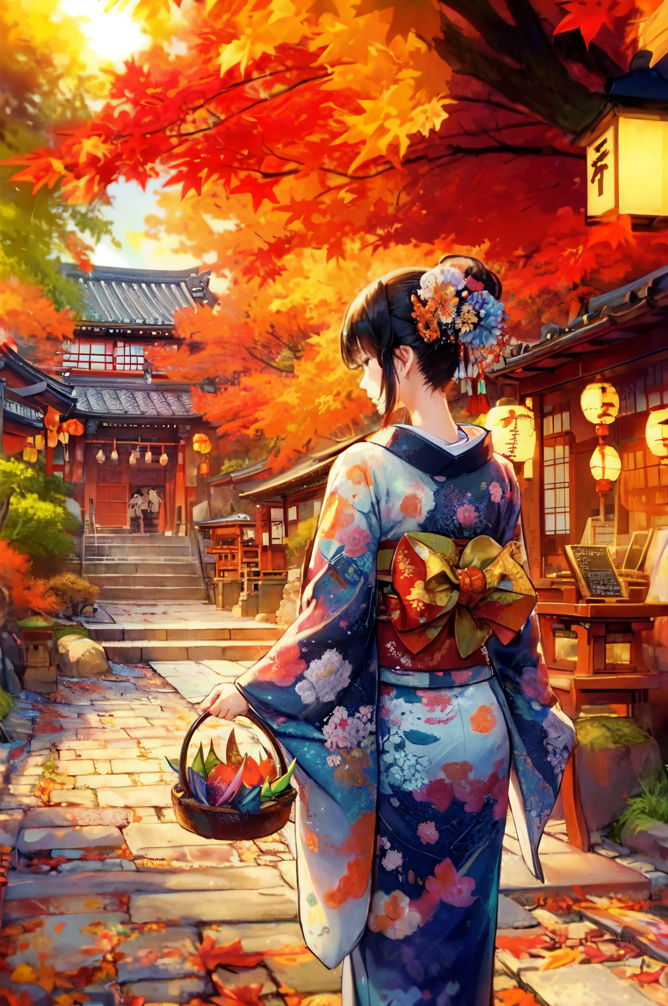 1lady standing, facing away, (from back), /(colorful kimono/), mature female, /(black hair/) bangs, (masterpiece best quality:1.2) delicate illustration ultra-detailed BREAK holding a small basket with colorful origami cranes BREAK /(Japanese shrine in Kyoto/), old teahouse, /(trees autumn foliage/), /(bricks road/)