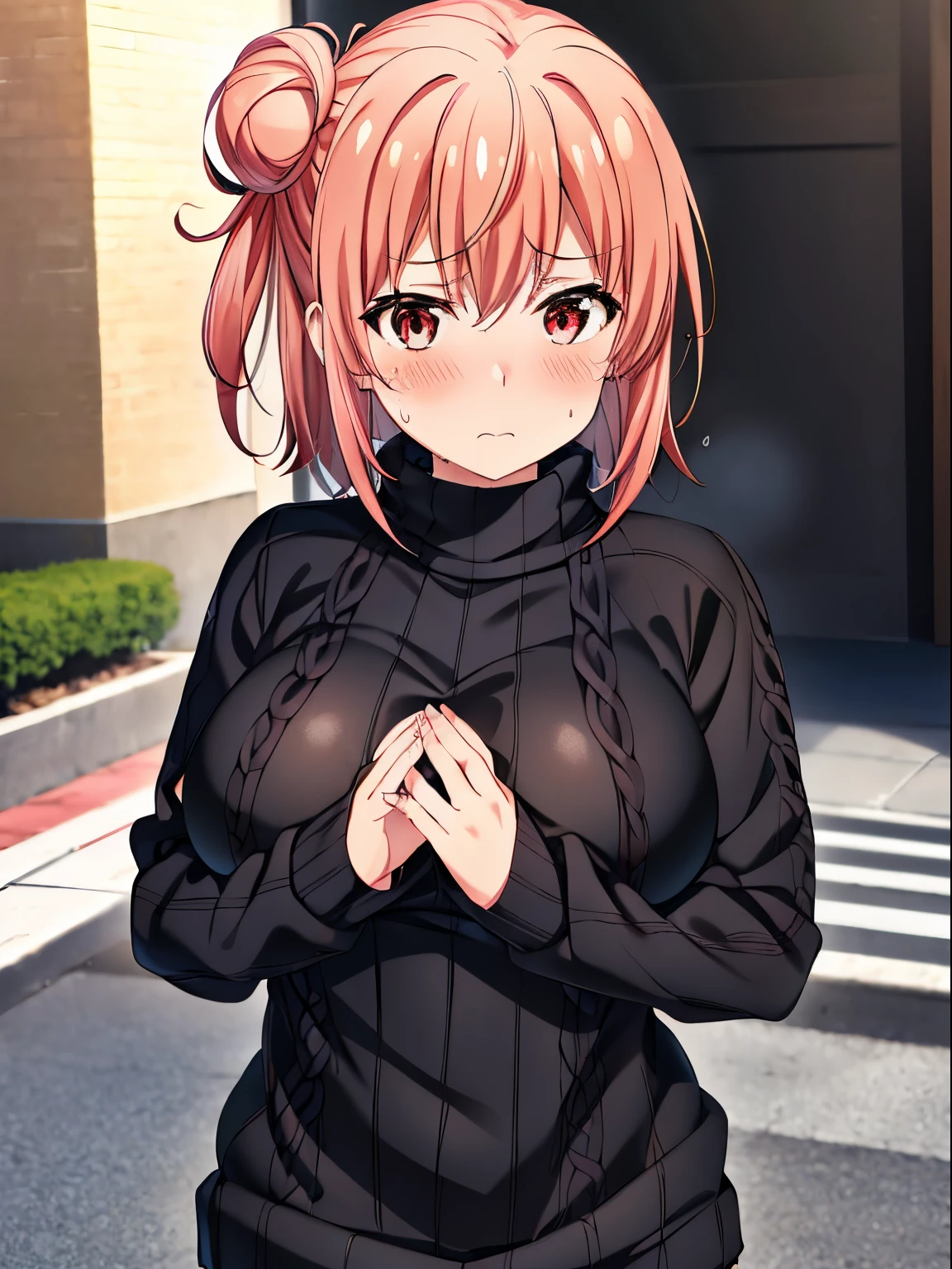 masutepiece++, Best Quality++, ultra-defined++, ultra-defined++,4K++,in 8K++, Highly detailed, 

(Black knitted sweater:1.2),   

(large boob), 

shy, Perfect hands, Perfect nose, (blush:1.3), Sweat, 

in street, 
Yuigahama Yui,  Pink hair, Short hair, Hair bun, 
Looking at Viewer, Focus,

(sweater that pulls hands:1.4),