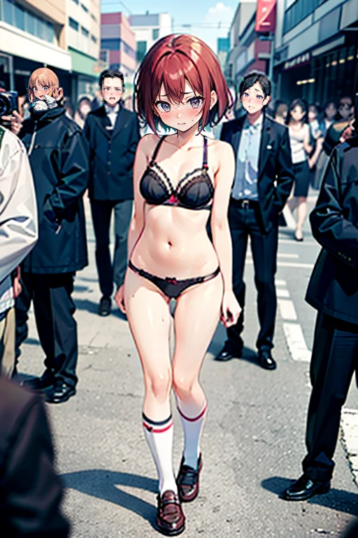 sexy woman walking home, casually walking, outside, crowded area, crowd in foreground, crowd taking pictures, wearing bra and panties, wearing only underwear, knee high socks, shoes full body, short hair, shy, embarrassed