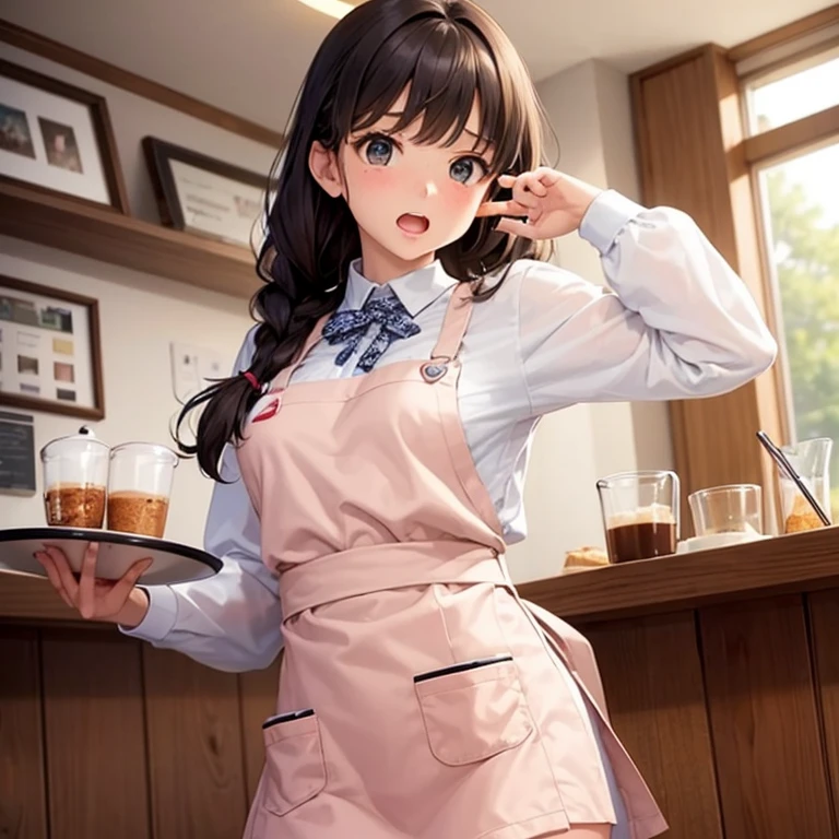 1girl in,A girl trips in a cafe and almost spills the coffee tray...,Super Cute,Surprised expression,Open your mouth,Accurately drawn face,Single braid,A slender,tre anatomically correct,perfectly proportions,Precise fingers,mini skirt apron dress,Border pattern shirt,i'I almost trip and fall..,I almost spilled coffee on the tray,Accurate depiction of tray and coffee,Active Poses and Angles,at the cafe,masterpiece,Best Quality,Dozikko,