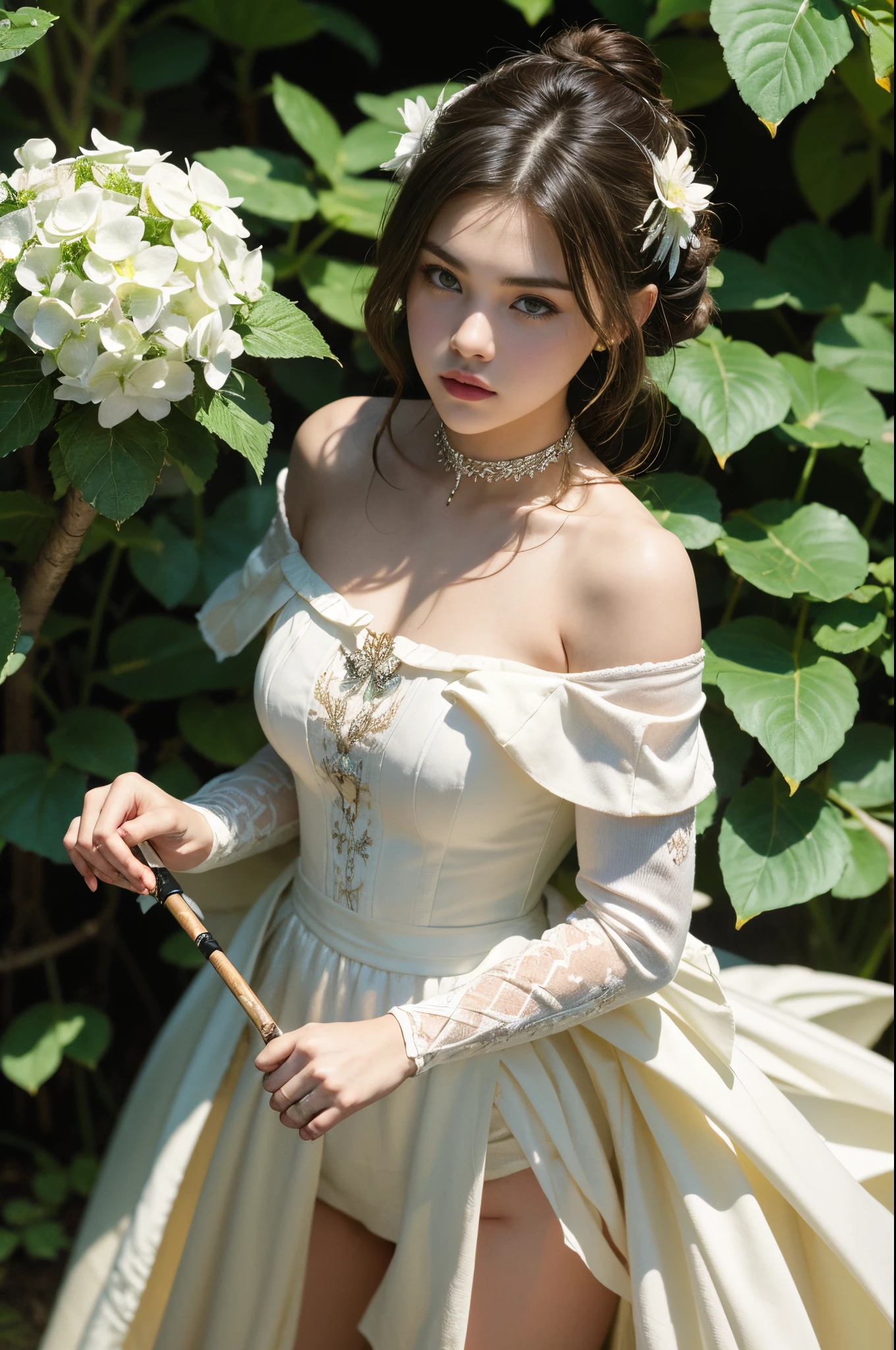 ((Extreme Detail)),(Ultra-detailed),(Painting), Chiaroscuro, the Extremely Detailed CG Unity 8K Wallpapers, ((( selena Gomez:Emma Watson:0.8))) Hip feathers, polearm holding, straplessdress, diadems, Detached sleeves, Choker, Armored Thigh Boots, Feather Hair Buns, Facing forward, Looking at Viewer, White background, bug, butterfly, tussock, hydrangeas, fronds, mushroom, Nature, plant, apple, Looking away, Looking Up, From above,