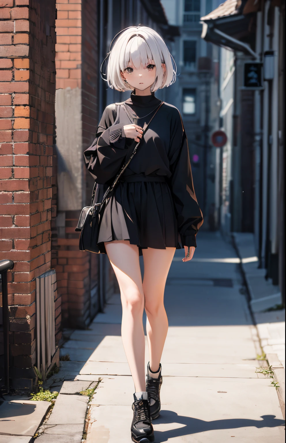 (master part, 4k, ultra detalhado, Foto RAW: 1.2), girl, (full body), black clothes, short white hair