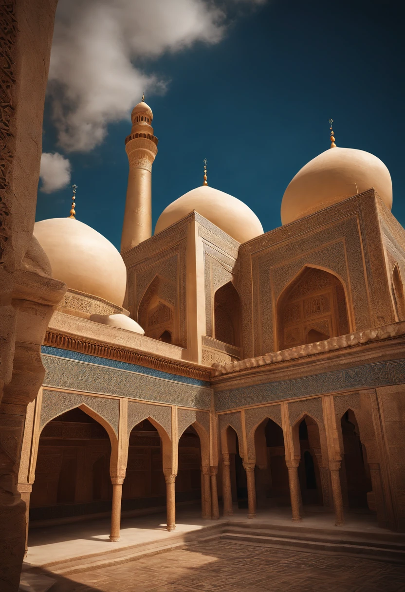 An ancient Islamic background of the city of singing and dancing in the ancient Western Regions, mont, polis,rios, Auspicious clouds, Sing and dance,Lively scene,ethnic minority citizens, rays of sunshine, tmasterpiece, super detailing, Epic work, hyper HD, high qulity, The is very detailed, offcial art, Unity8k wallpapers, super detailing, 32k -- v 6 mosque, beautiful sky,Xinjiang city-state,western regions,Silk Road,White Castle,Super fine details,Desert scene,Islamic architecture