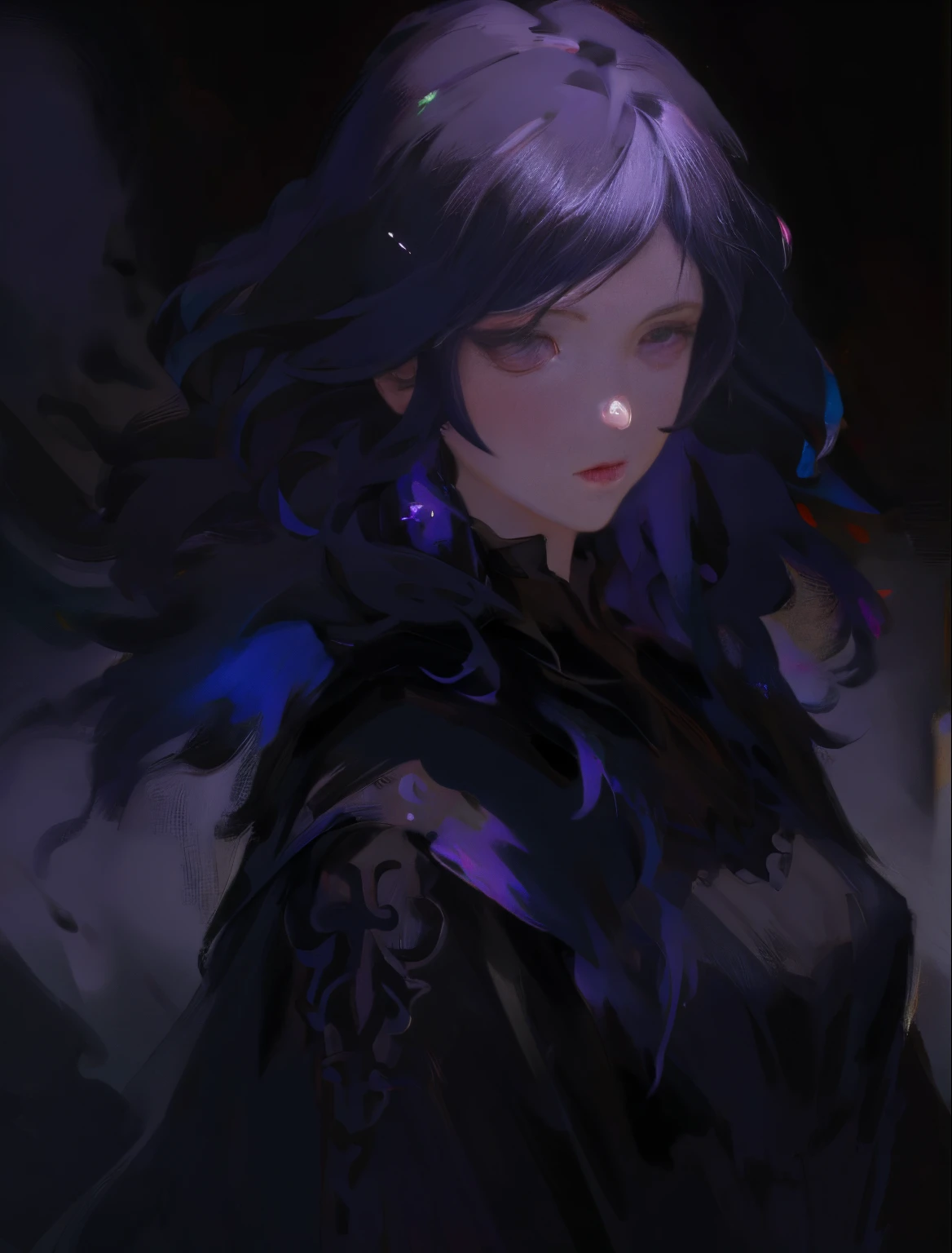 (best quality,4k,8k,highres,masterpiece:1.2),ultra-detailed,(realistic,photorealistic,photo-realistic:1.37), female, black maid clothes, iridescent purple hair, intricate, colorful, Game Illustration, lora:OilPaint:0.7