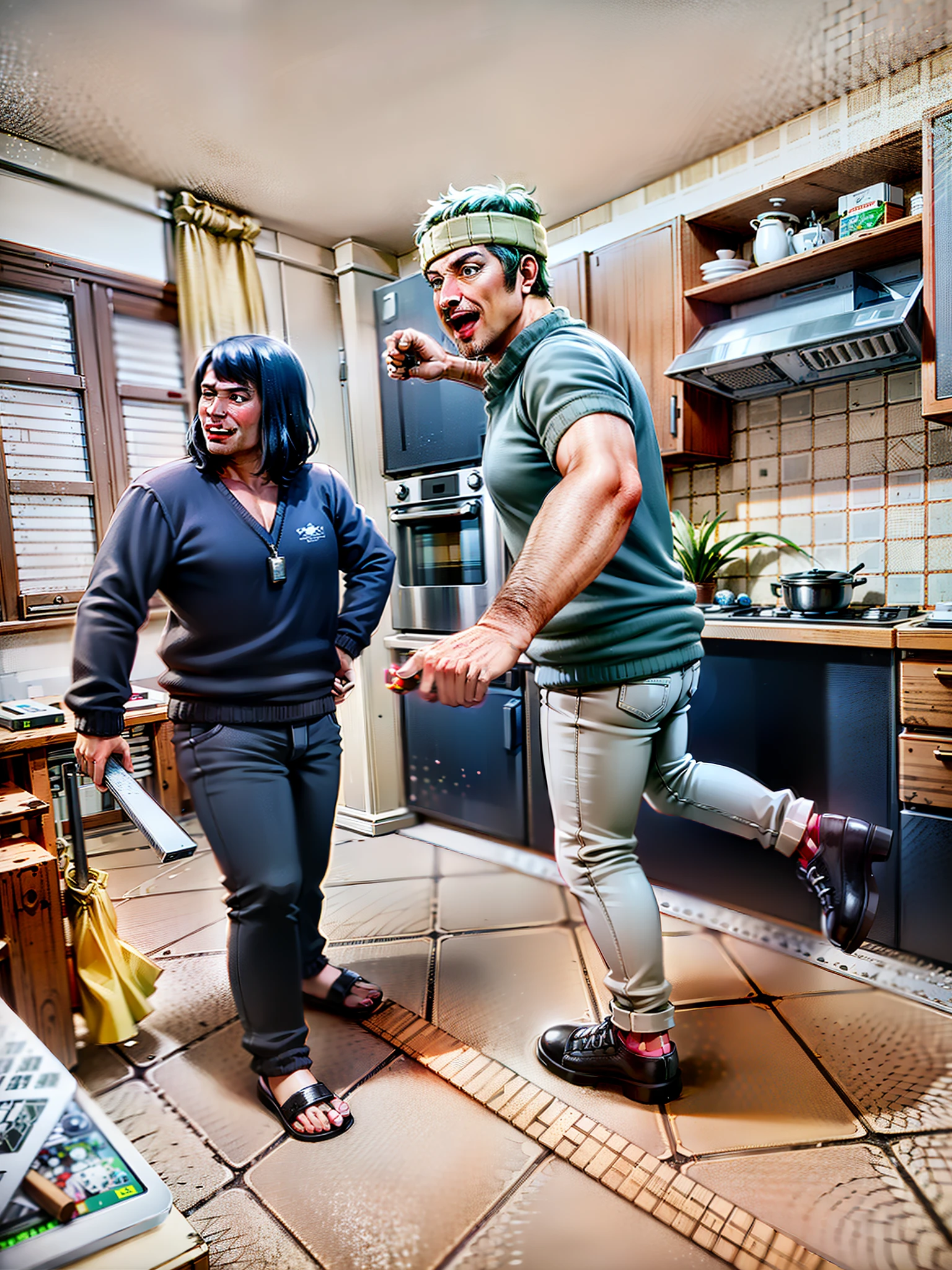 they are in the kitchen playing a game of white sticks happily