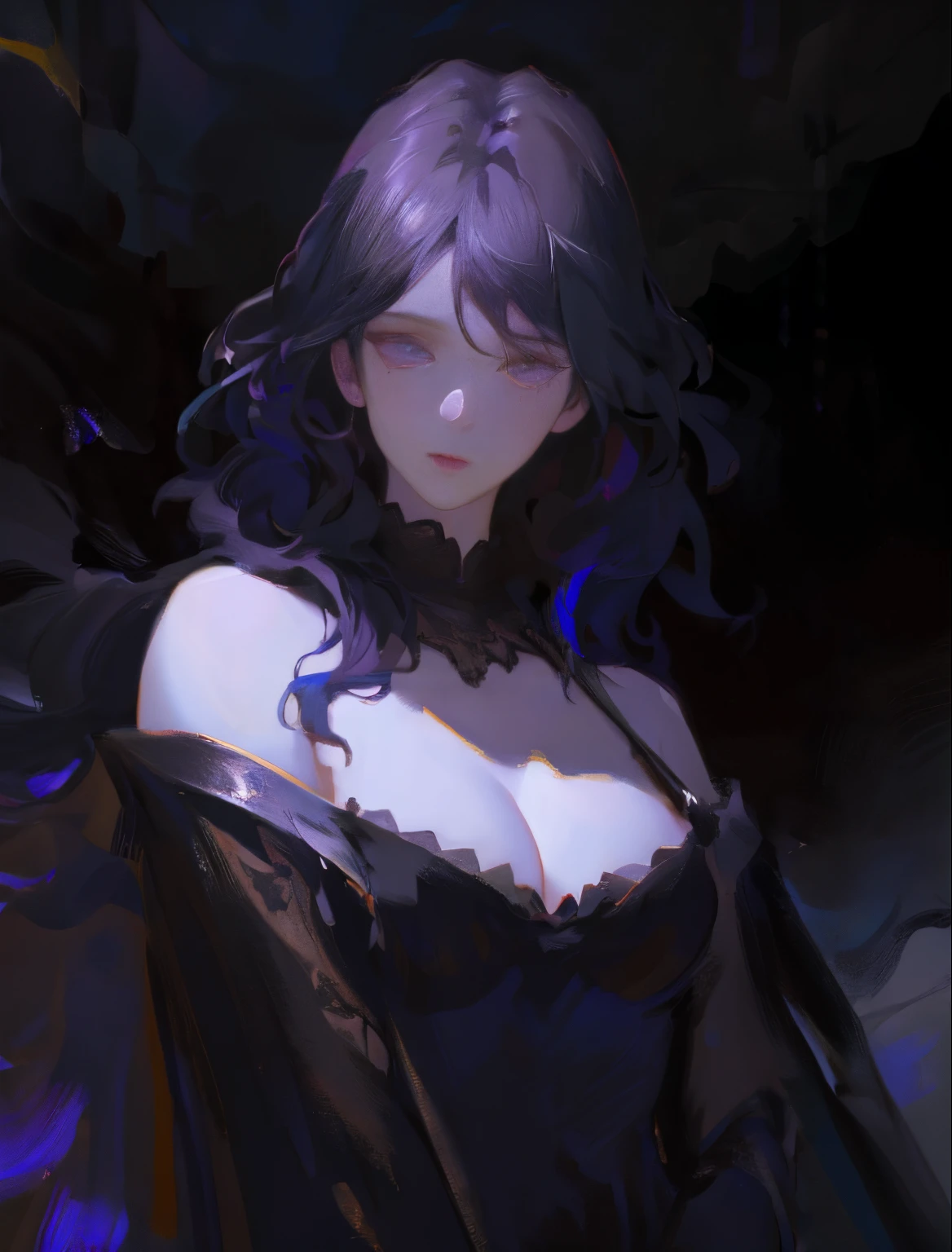 (best quality,4k,8k,highres,masterpiece:1.2),ultra-detailed,(realistic,photorealistic,photo-realistic:1.37), female, black maid clothes, iridescent purple hair, intricate, colorful, Game Illustration, lora:OilPaint:0.7